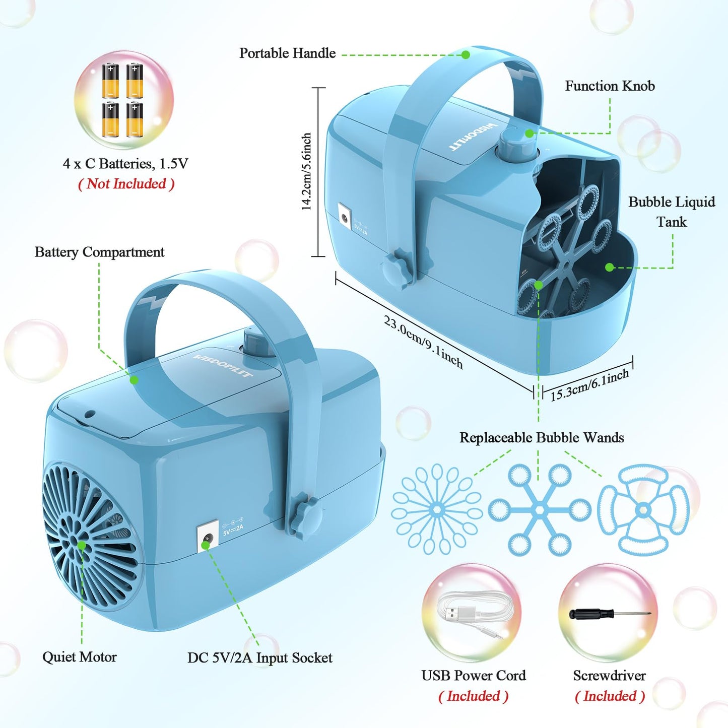 Wisdomlit Bubble Machine, 3-in-1 Bubble Maker, Bubble Blower with 3 Bubble Wheels, Make Small | Medium | Big Bubbles for Kids Toddlers, Bubble Toys for Indoor Outdoor Birthday Party (Blue)