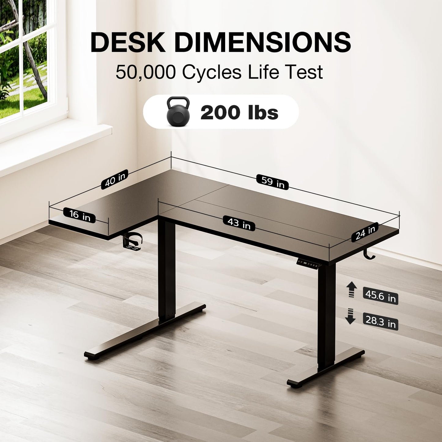 Muvai L Shaped Standing Desk with Cable Management Tray, 59 Inch Height Adjustable Electric Standing Corner Desk, Sit Stand Up Work Table for Home Office, Gaming with Reversible Splice Board, Black