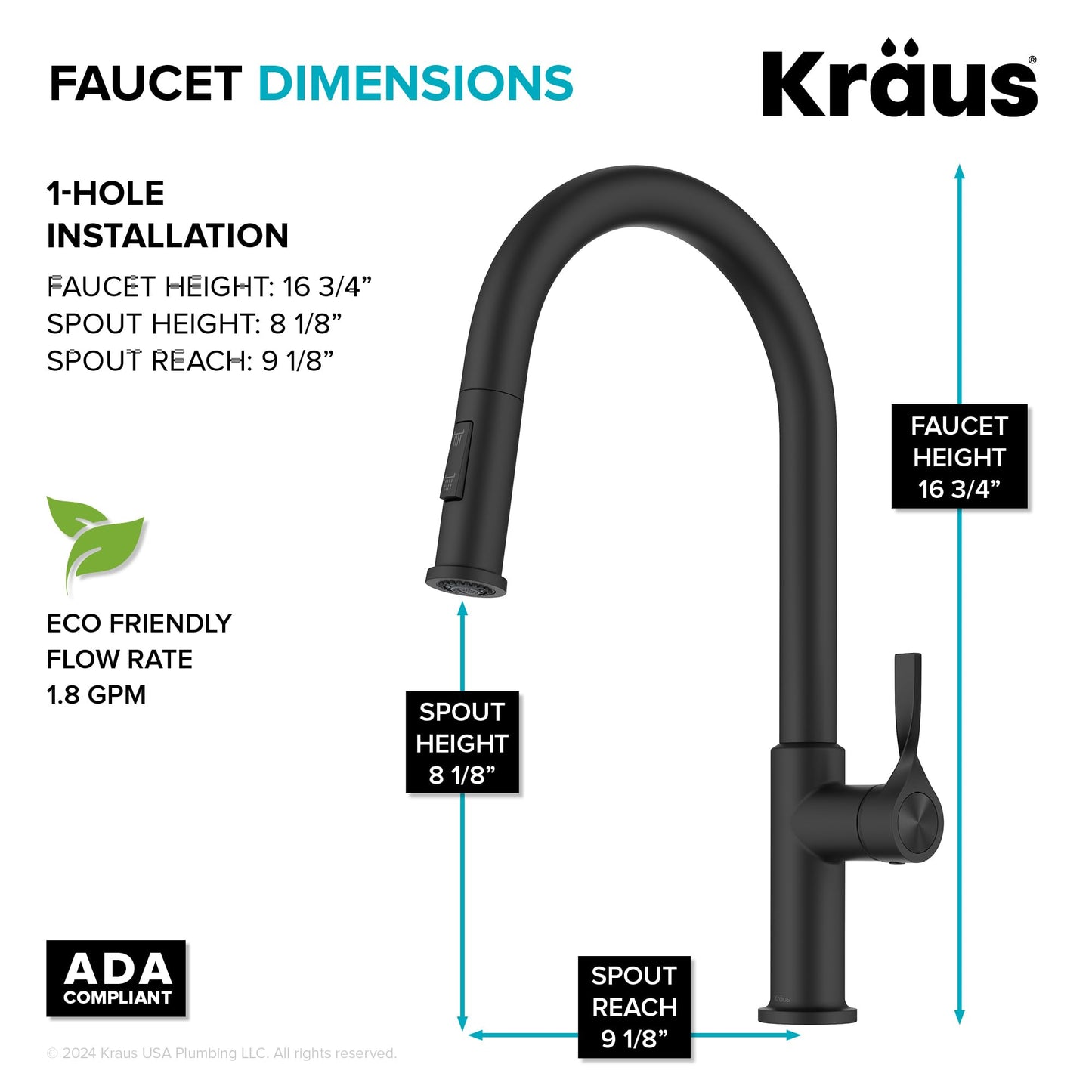 KRAUS Torak Pull Down Kitchen Faucet in Matte Black with 2 Function Sprayer, Pre-Attached Water Lines, and Mounting Hardware, KPF-2840MB
