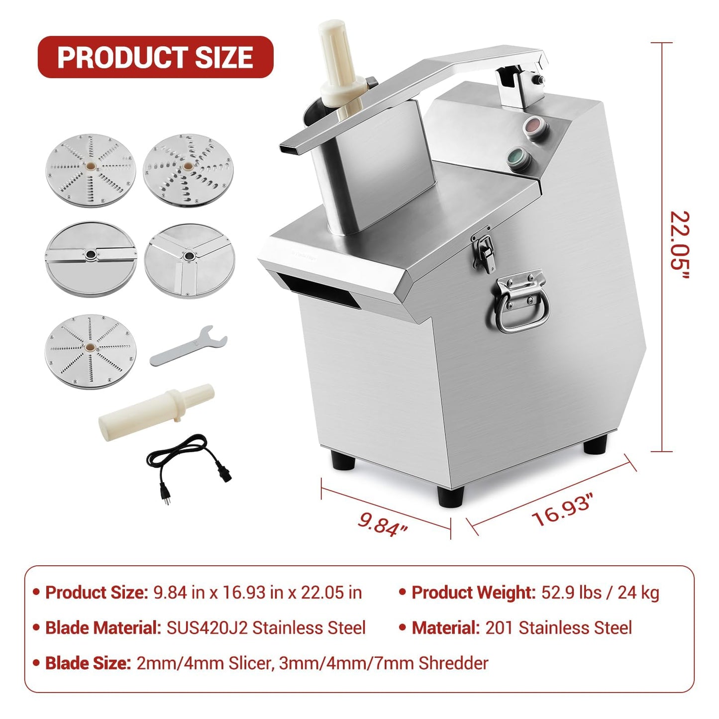 Garvee Commercial Food Processor, Multifunctional Electric Food Chopper with 3mm/4mm/7mm Shred & 2mm/4mm Slice Blades, Stainless Steel Vegetable Slicer Dicer for Hotel, Kitchen & Restaurant Use