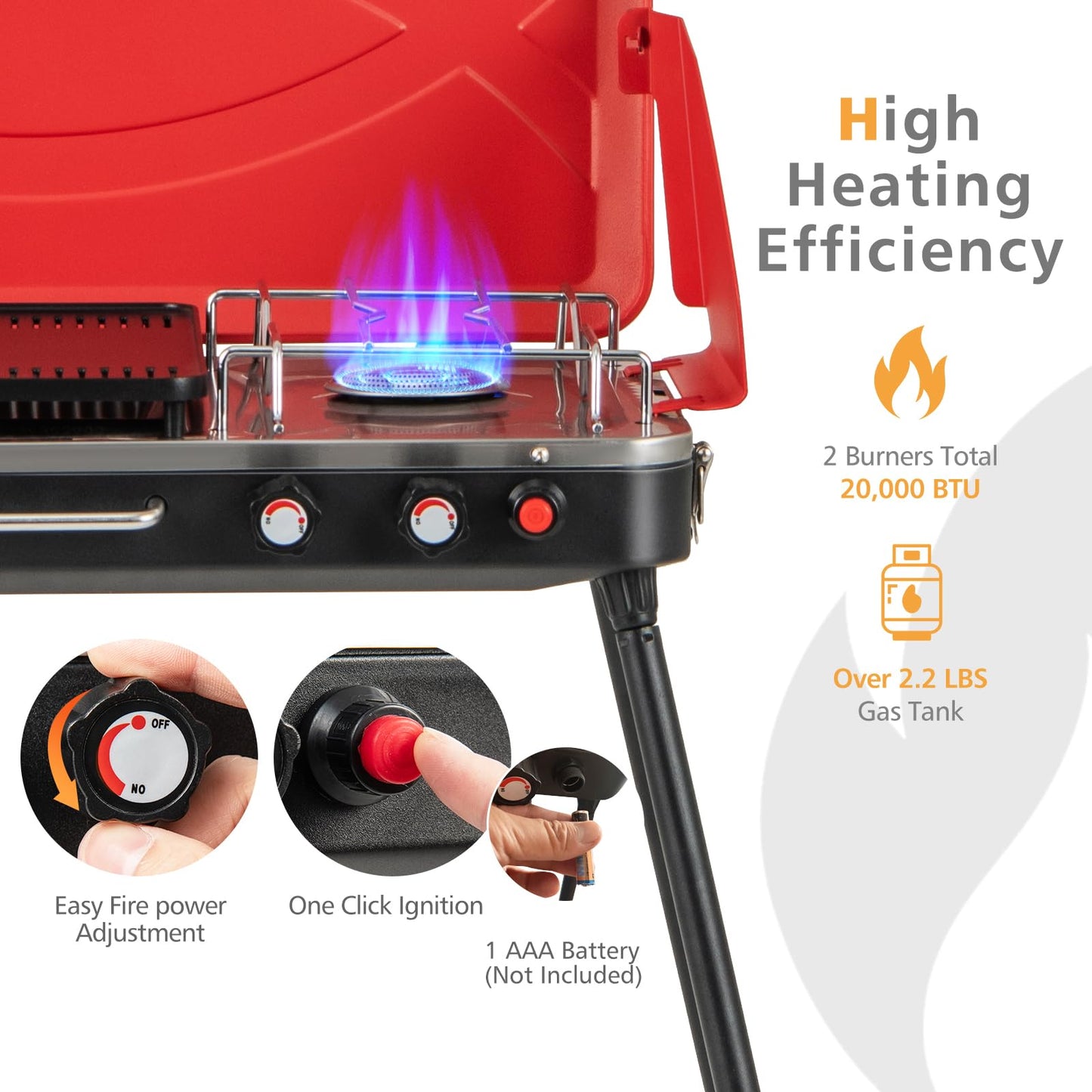 Moccha 2-Burner Propane Camping Stove - Portable Camp Grill w/Dual Control Knobs, Detachable Legs, 3-Sided Wind Screen, 20,000 Total BTUs of Power, Outdoor Grill Stove for Tailgating BBQ Picnic (Red)