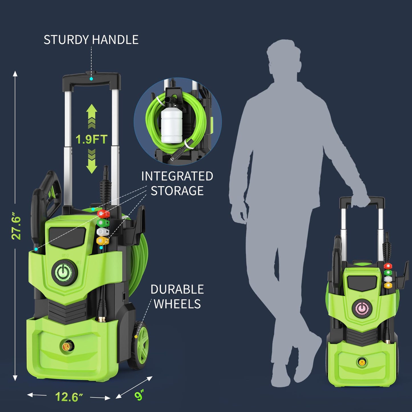 Imdot Adjustable Electric Pressure Washer with 33FT Flexible Extension Hose + 34FT Power Cord, 4 Nozzles, Foam Cannon, Best Power Washer for Cars, Patios, Driveways, Green