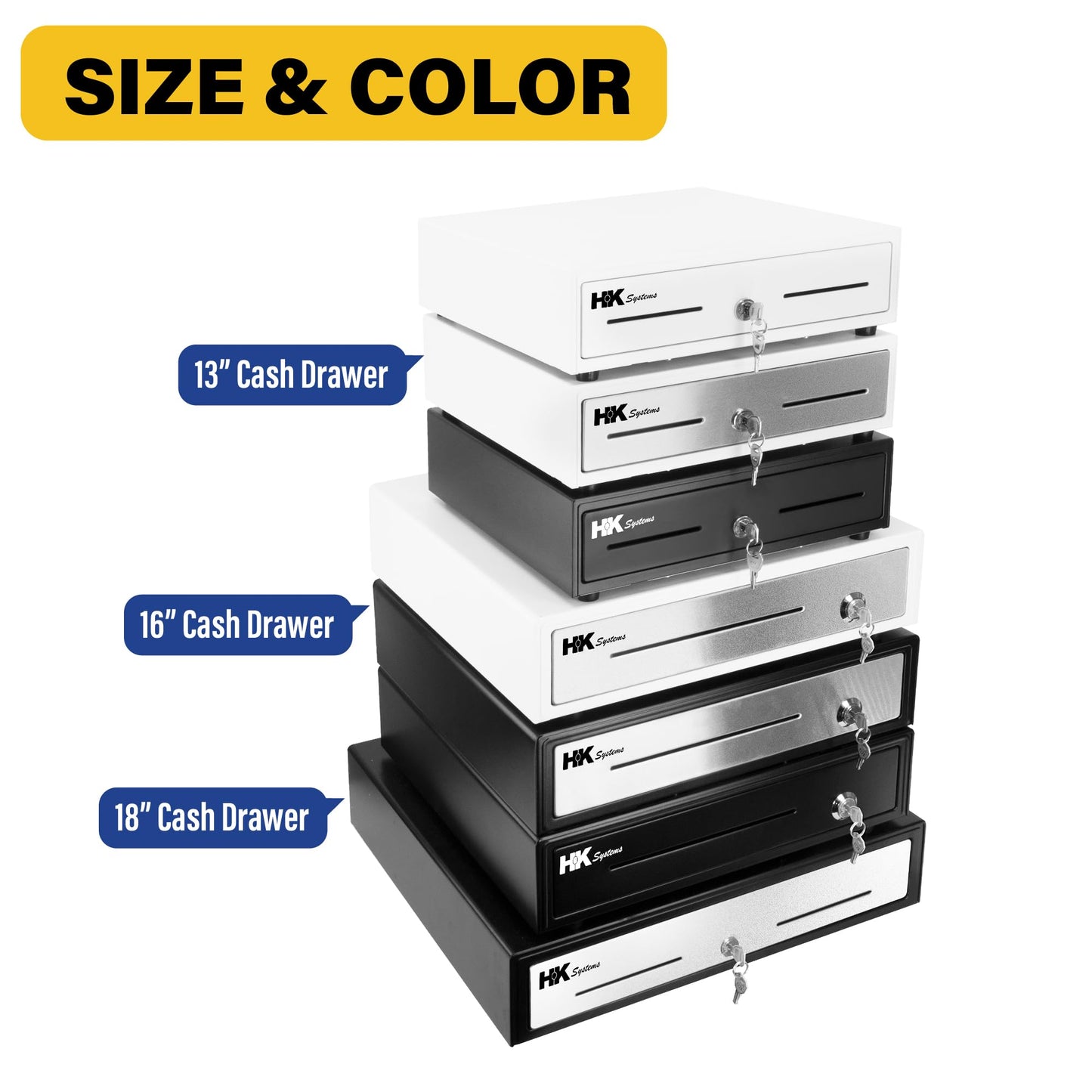 HK SYSTEMS 16" POS Cash Drawer Stainless Steel Front, Ball bearing slide, Heavy Duty POS with Removable Tray 5Bill/5Coin