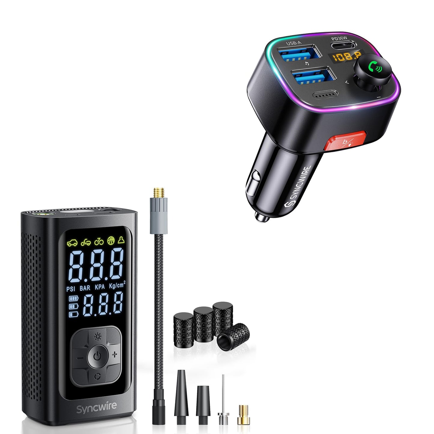 Syncwire Bluetooth FM Transmitter and Tire Inflator Portable Air Compressor