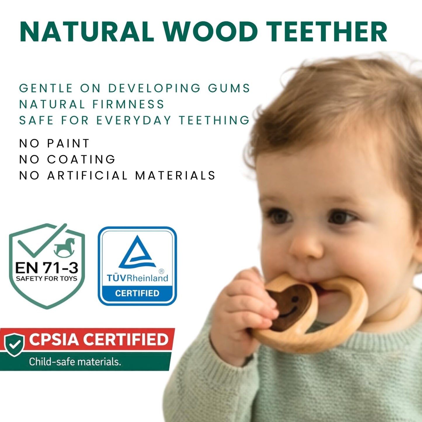 Wooden Baby Rattle & Teething Ring Heart | Natural Montessori Teething Toy Babies 0-3 3-6 6-12 Months | Non-Toxic Organic Hardwood Teether | Safe Sensory Toy Boys Girls | Baby Gift
