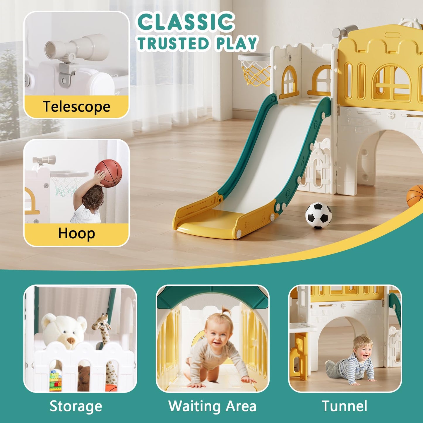Playground Playsets Outdoor Playhouse 10 in 1 Toddler Slide with Rock Climber with Basketball, Hoop, Storage, playroom Upgraded
