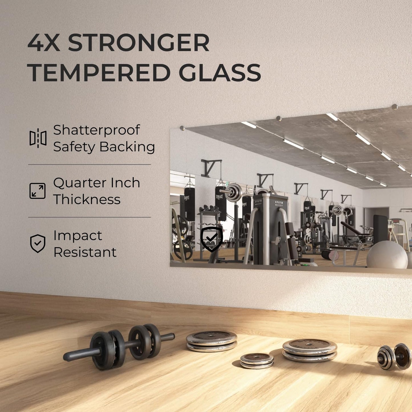 Fab Glass and Mirror Large Gym Mirror for Home Gym 48x32 - Full Length HD Tempered Glass Wall Panel - Professional Workout Display with Safety Backing - 1/4 Inch Commercial Grade
