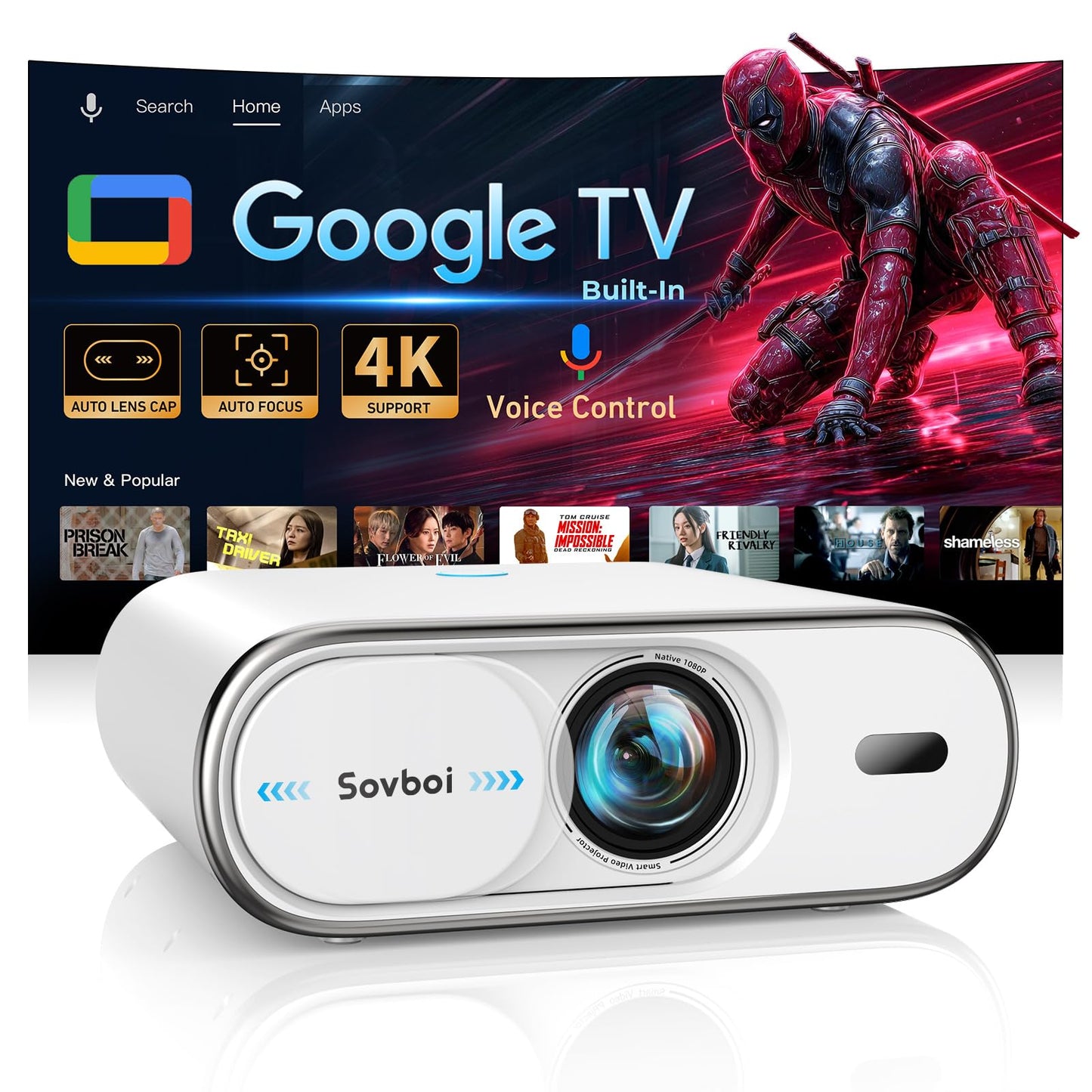 4K Projector Built-in Google TV: 2500 ANSI/Auto Lens Cap & 4D Keystone/Auto Focus & AI Voice Control, Sovboi Smart Portable Projector with WiFi6 & Bluetooth, Outdoor Movie Proyector for Streaming Apps