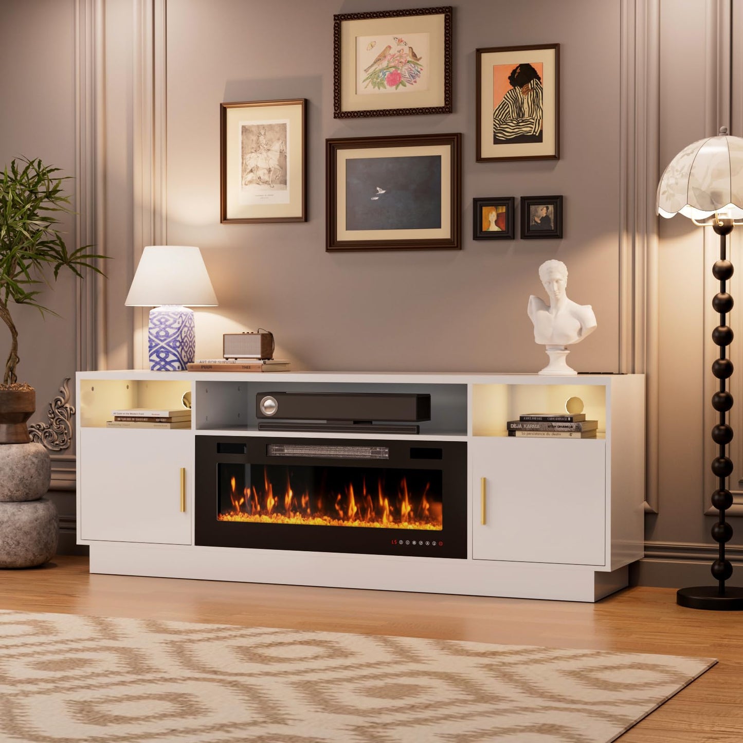 BREEZEHEAT TV Stand with Fireplace-Fireplace TV Stand for 75+ inch TV, LED Entertainment Center for Living Room w/ 36" Fireplace Inserts, TV Console with Cabinet, Power Outlets, Remote Control,White