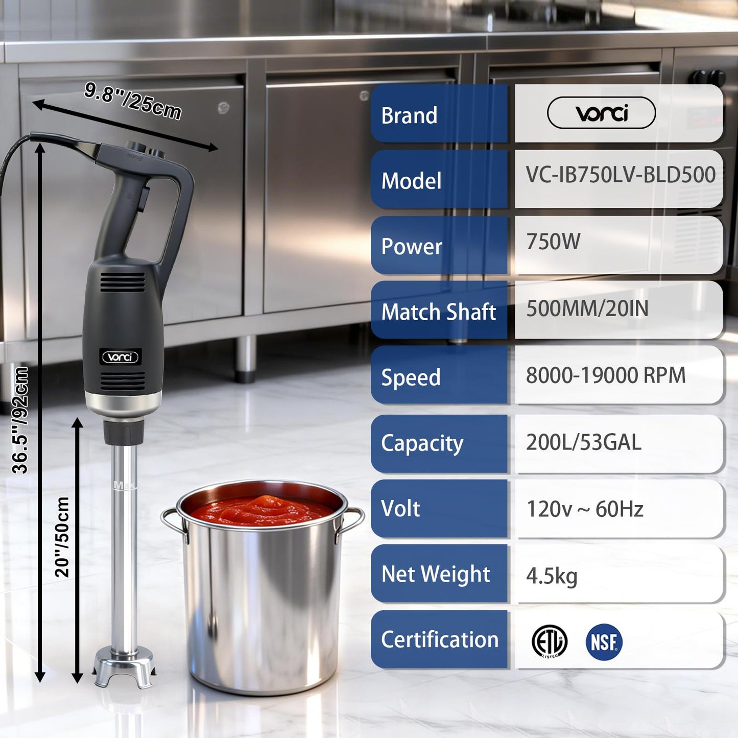 VONCI 750W Commercial Immersion Blender, Extra Heavy Duty Hand Blender with Variable Speed 8000-19000RPM, Handheld Stick Mixer with 20" SUS 304 Shaft, Commercial Emulsifier for Restaurant Kitchen.