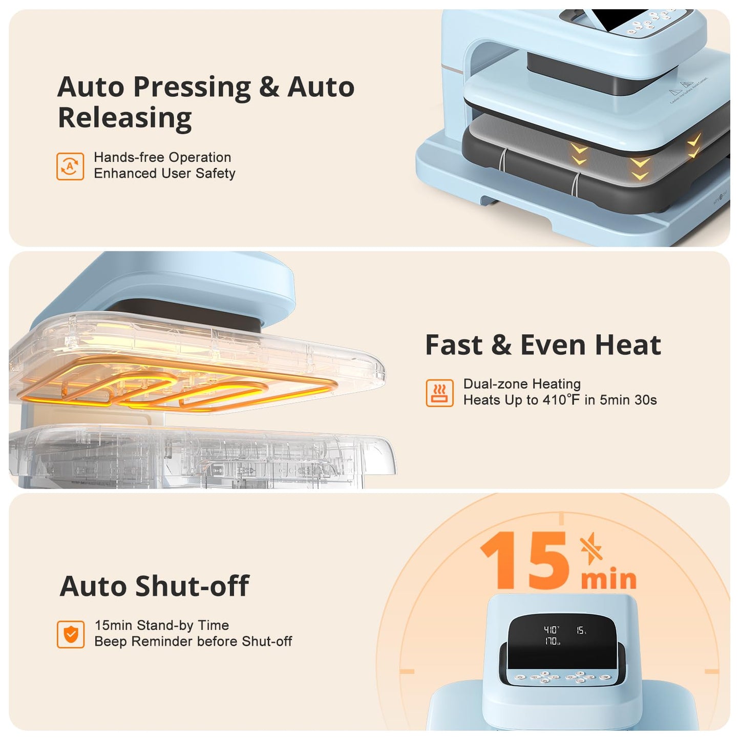 HTVRONT Automatic Heat Press Machine for T Shirts - Heat Press 15x15 with Adjustable Pressure & 55 Pack Heat Press Accessories & 2 Pcs Cutting Mat & 8 Pcs Puff Heat Transfer Vinyl