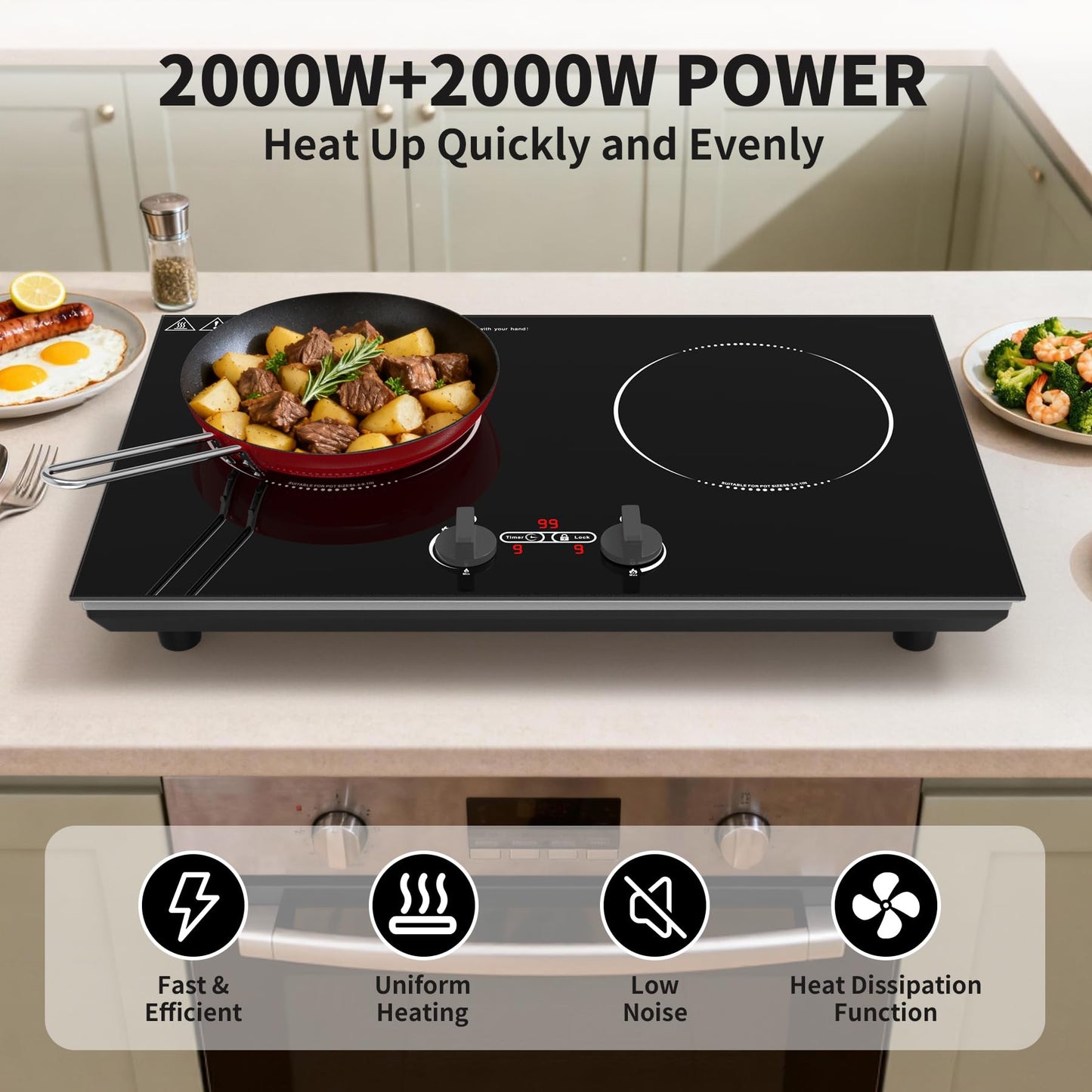 VBGK Induction Cooktop,110V 4000W Countertop burners with Knob Control,9 Power Levels, Kids Lock & Timer,LED touch control,Overheat Protection Electric stove,2 burner induction cooktop