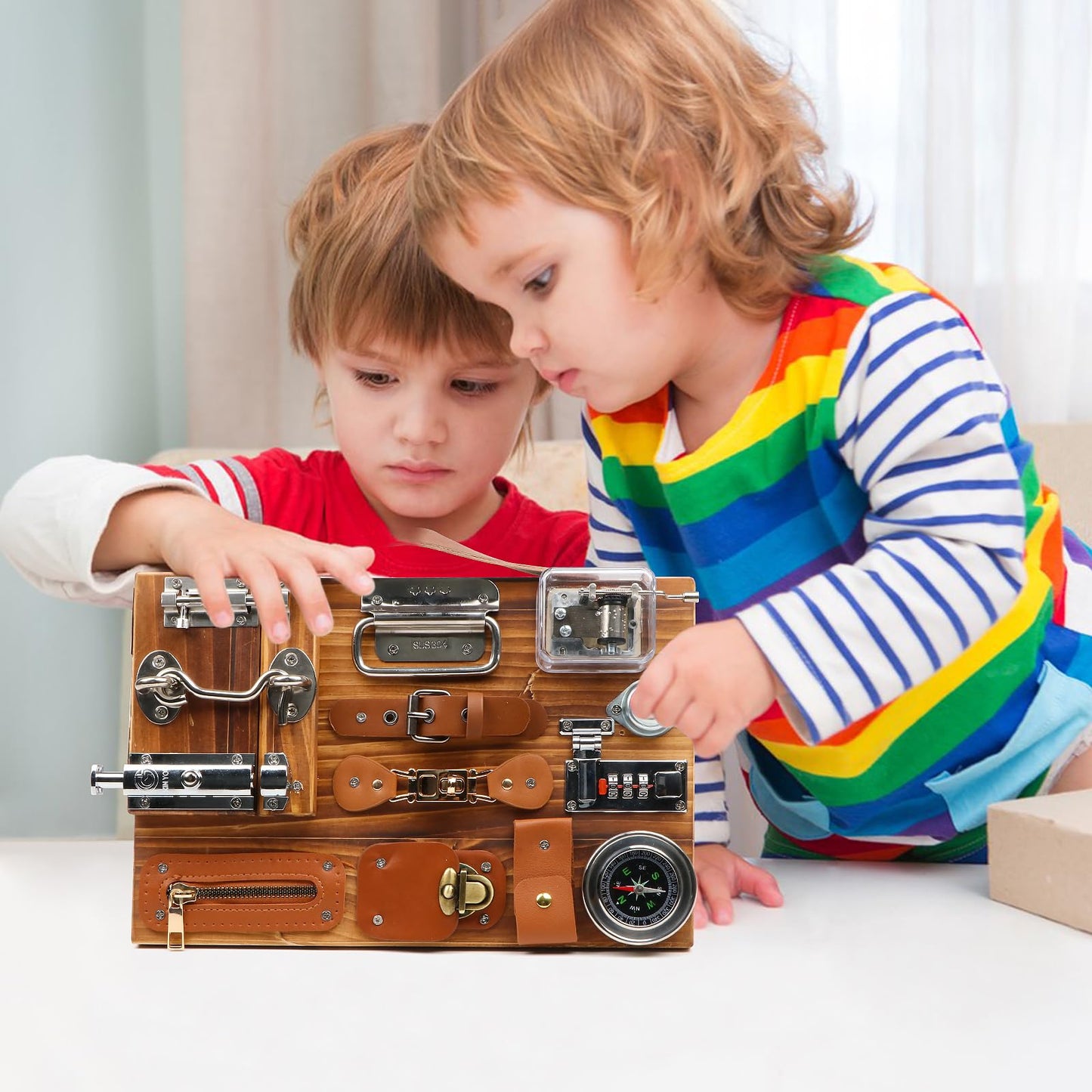 Canuan Busy Board for Toddlers, Travel Toy Fidget Board Activity Board for Fine Motor Skills, Wooden Busy Board Toys for 3 Years Old Boys & Girls with Switch, Locks, Music Box...