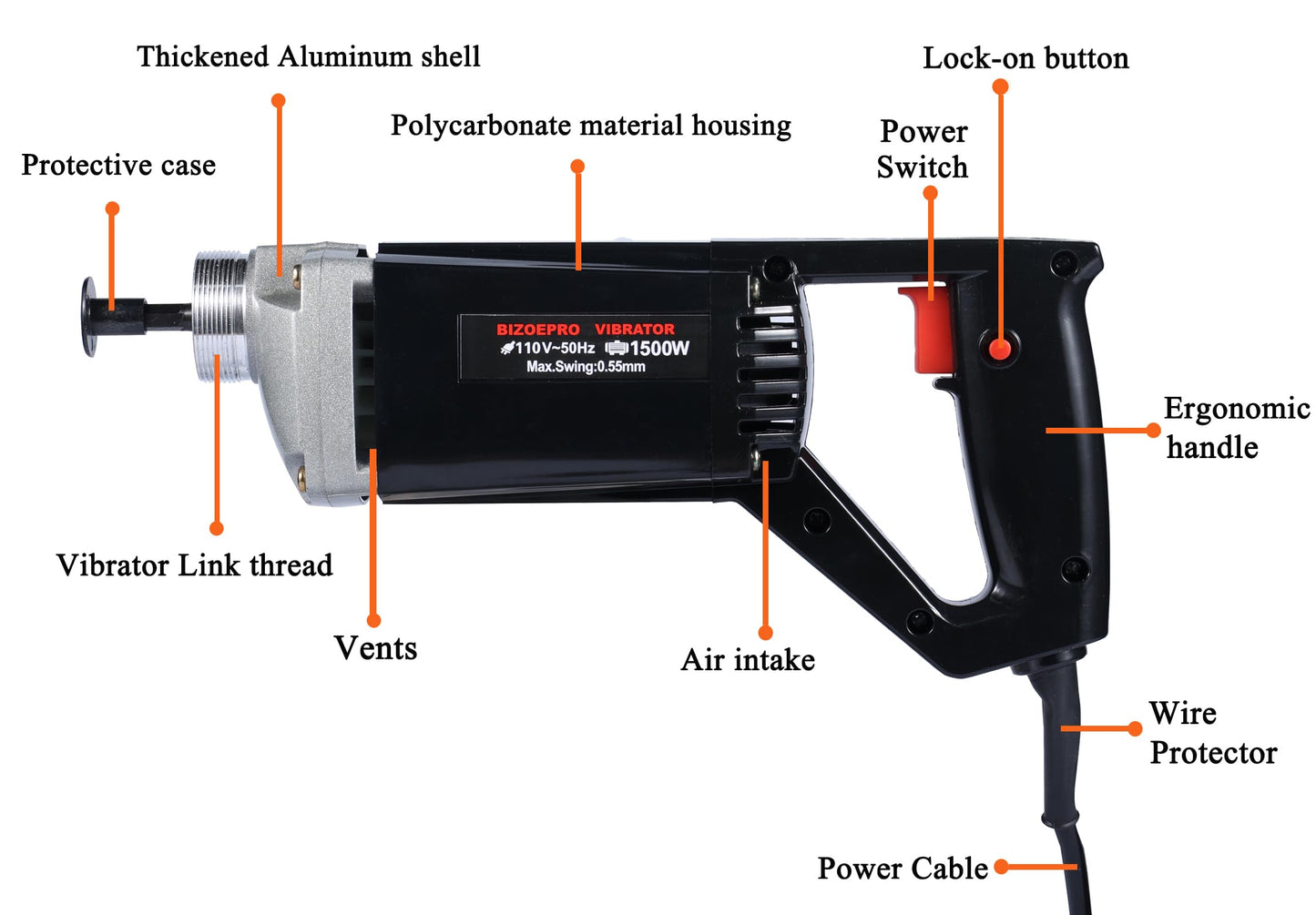 BIZOEPRO Hand Held Power Concrete Vibrator 1500W 15000rpm With 8.2ft 2.5M Shaft Rod Electric Concrete Vibrabrater Portable Construction Pencil Vibrator