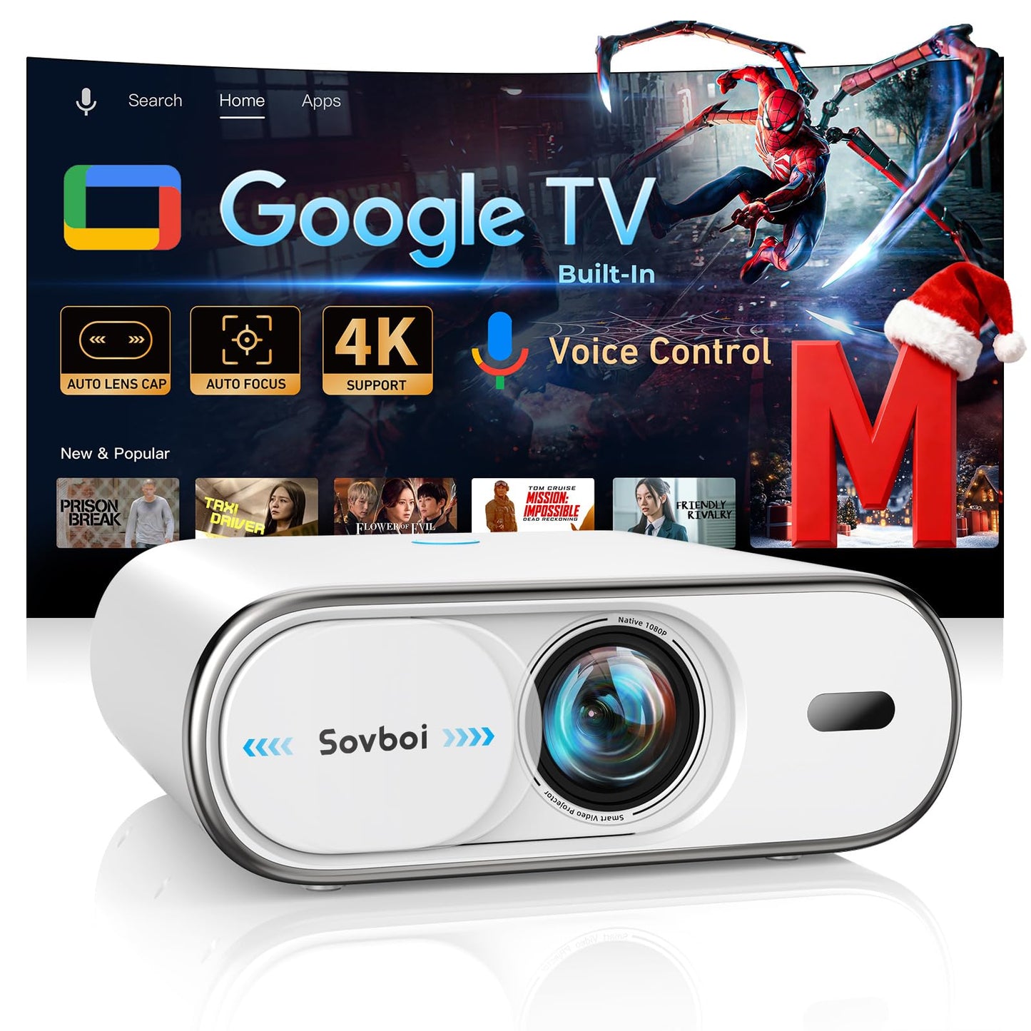 Projector Compatible with Google TV|1800 ANSI|Auto Lens Cap&4D Keystone|Auto Focus|Voice Control Portable Outdoor Projector 4K with WiFi and Bluetooth, Sovboi Smart Proyector for Netflix Home Theater