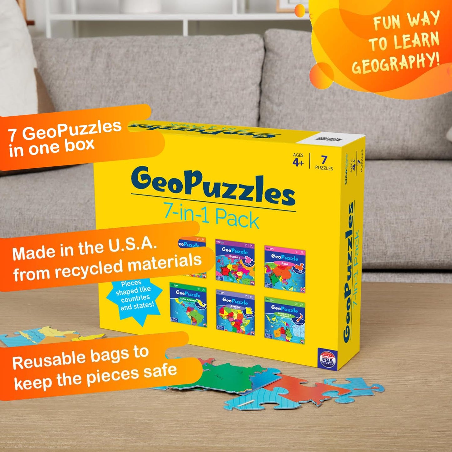 GeoToys GeoPuzzle, Country-Shaped Jigsaw Puzzles Set of 7 in One Box, Geography Puzzle, Map Puzzle - Jigsaw Puzzles for Kids Ages 4+ Years Old, Stocking Stuffers for Kids