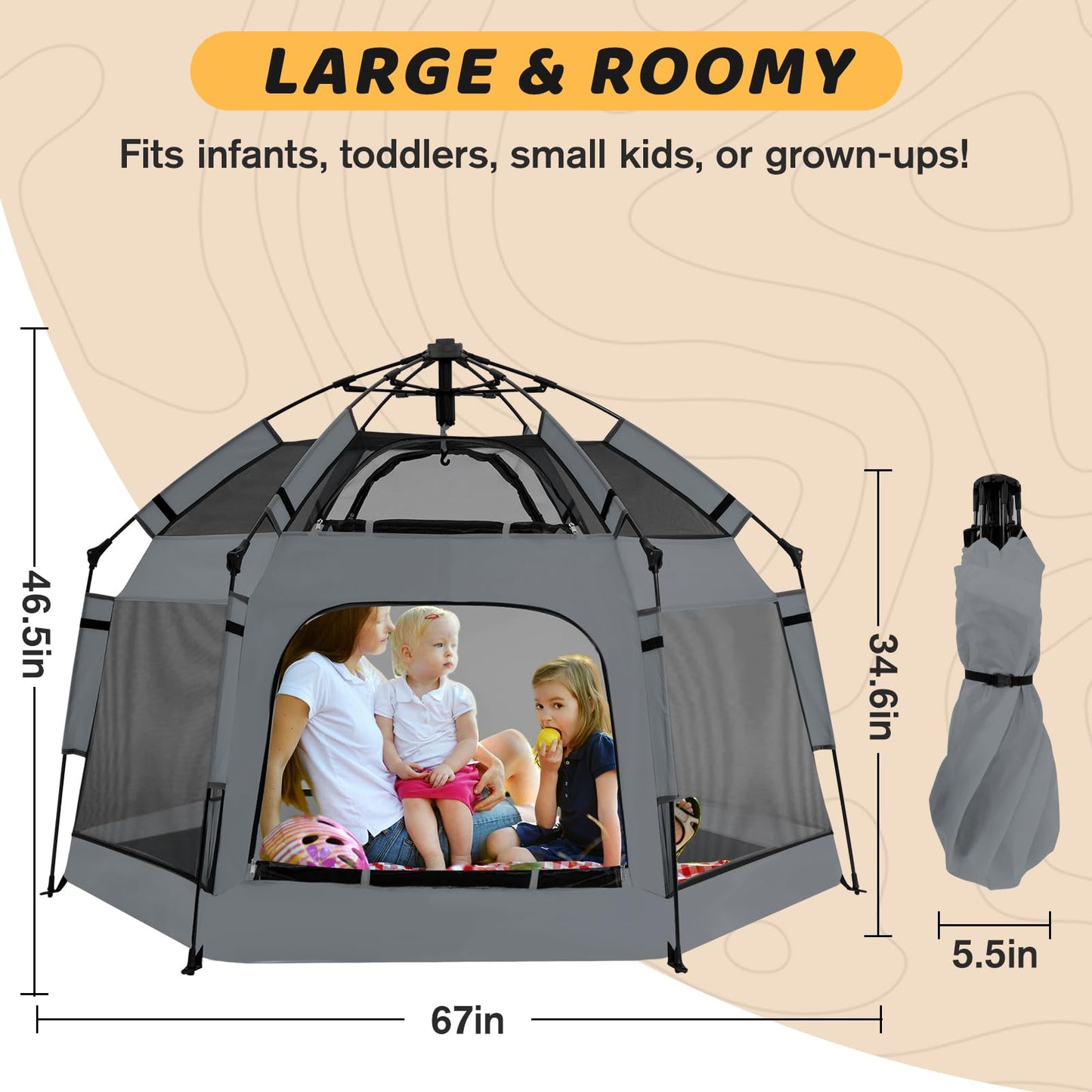 Instant Pop Up Baby Playpen with UV Canopy & Safety Lock, Portable Outdoor Beach Tent Play Yard for Toddlers, Breathable Mesh & Carry Bag, Indoor & Backyard Use (Grey)