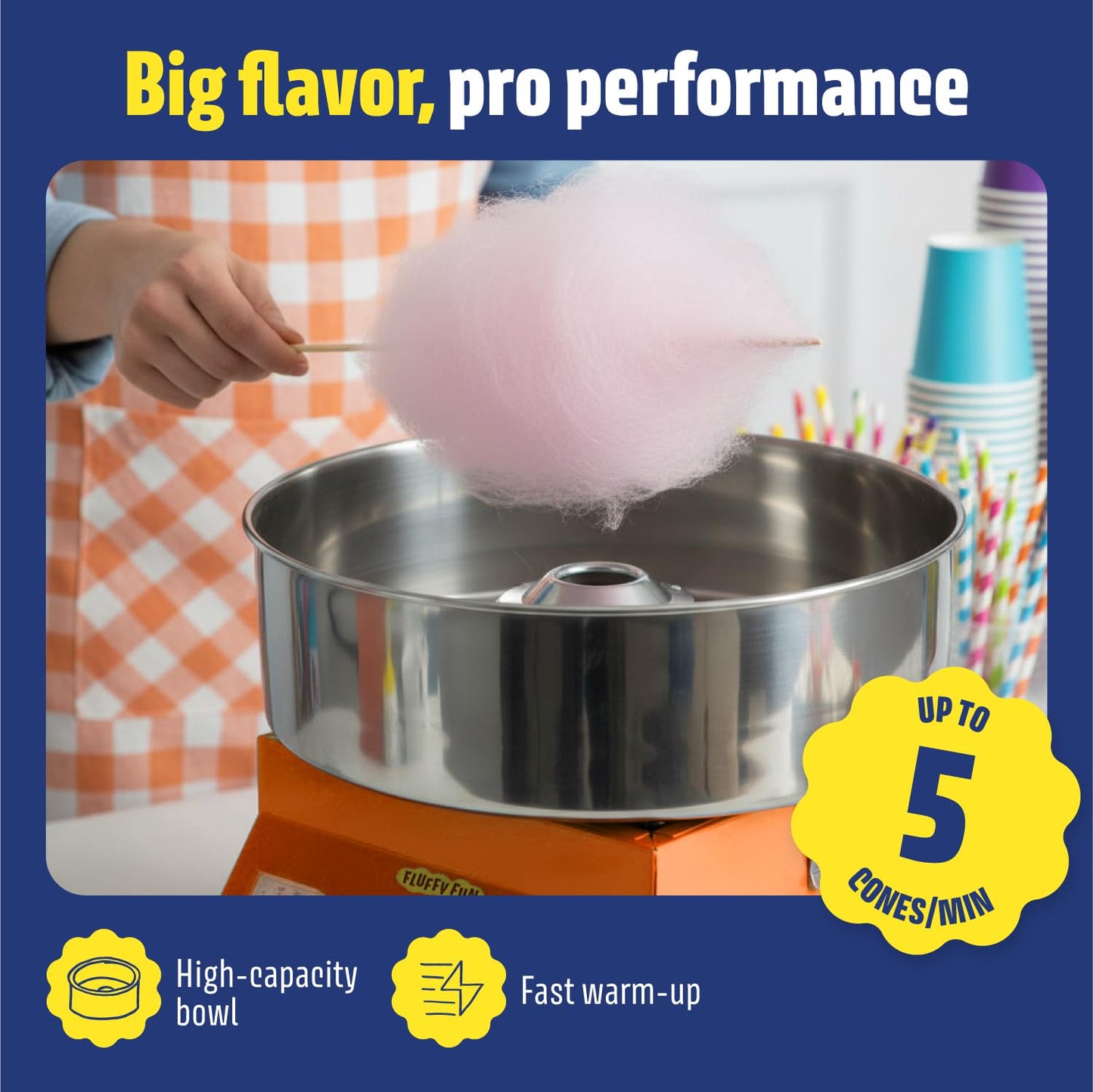 Wumple - Cotton Candy Machine Pro Bundle, Includes 3 Flavored Sugars & 70 Cones, Electric Machine with Large Stainless Steel Bowl for Parties & Business (Orange)
