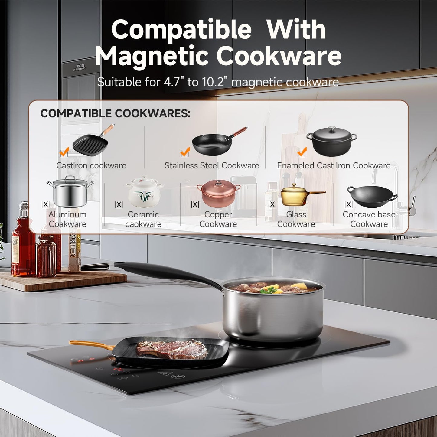 AMZCHEF Induction Cooktop 2 Burners, 12 Inch Bulit-in & Countertop Induction Stove with Plug 110V-120V, 9 Power Levels Electric Stove 1800W, Safety Lock, Timer, Touch Control for Fast Cooking