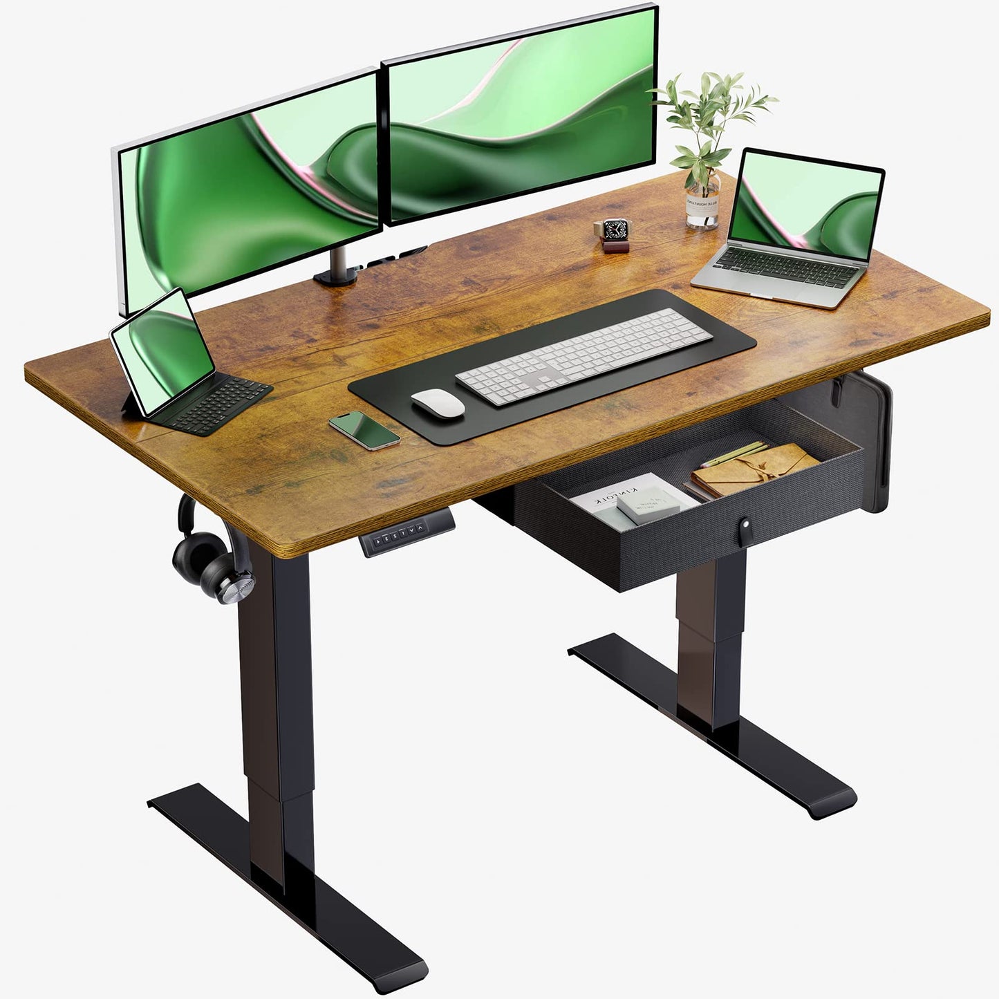 Marsail Standing Desk with Drawer, 48x24 Inch Adjustable Height Standing Desk, Electric Stand up Desk, Sit Stand Home Office Desk, Ergonomic Workstation for Home Office Computer Gaming Desk Rustic