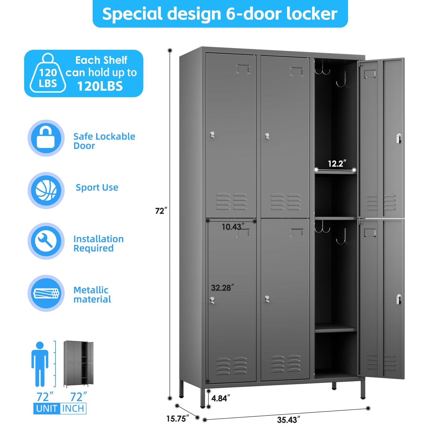 SPKAPO 6 Doors Metal Lockers for Employees with 18 Hooks,Meta Storage Locker with Business Card Holder for School Office Gym Garage Home,Assembly Required,Dark Gray