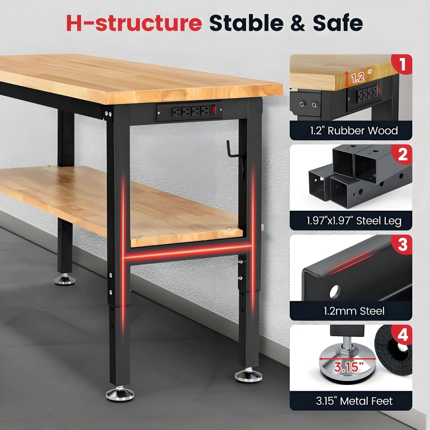 ENJOYWOOD 48" x 20" Heavy Duty Workbench Adjustable Height Garage Work Table with Solid Rubberwood Top, Double Layer Shelf, Pegboard & Power Outlets for Workshop, Home & Office