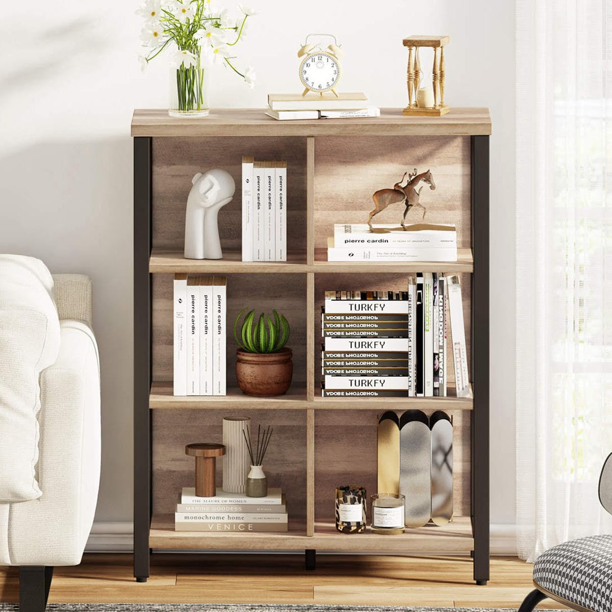 FATORRI Bookcase, 6 Cube Storage Organizer Shelf, Wood and Metal Cubby Book Shelf, Industrial 4 Tier Cube Bookshelf (Rustic Oak)