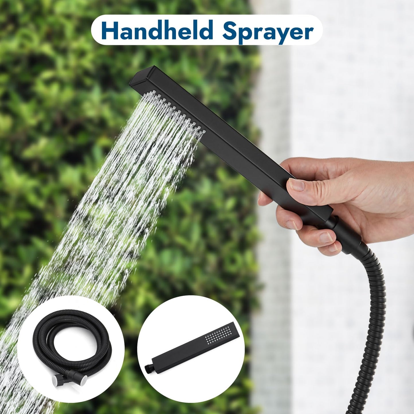 Cinwiny Wall Mounted Outdoor Shower System Matte Black 6" Square Rainfall Shower head with Hand Held Spray Double Cross Handles with Adjustable Slide Bar Two Function Exposed Shower Kit