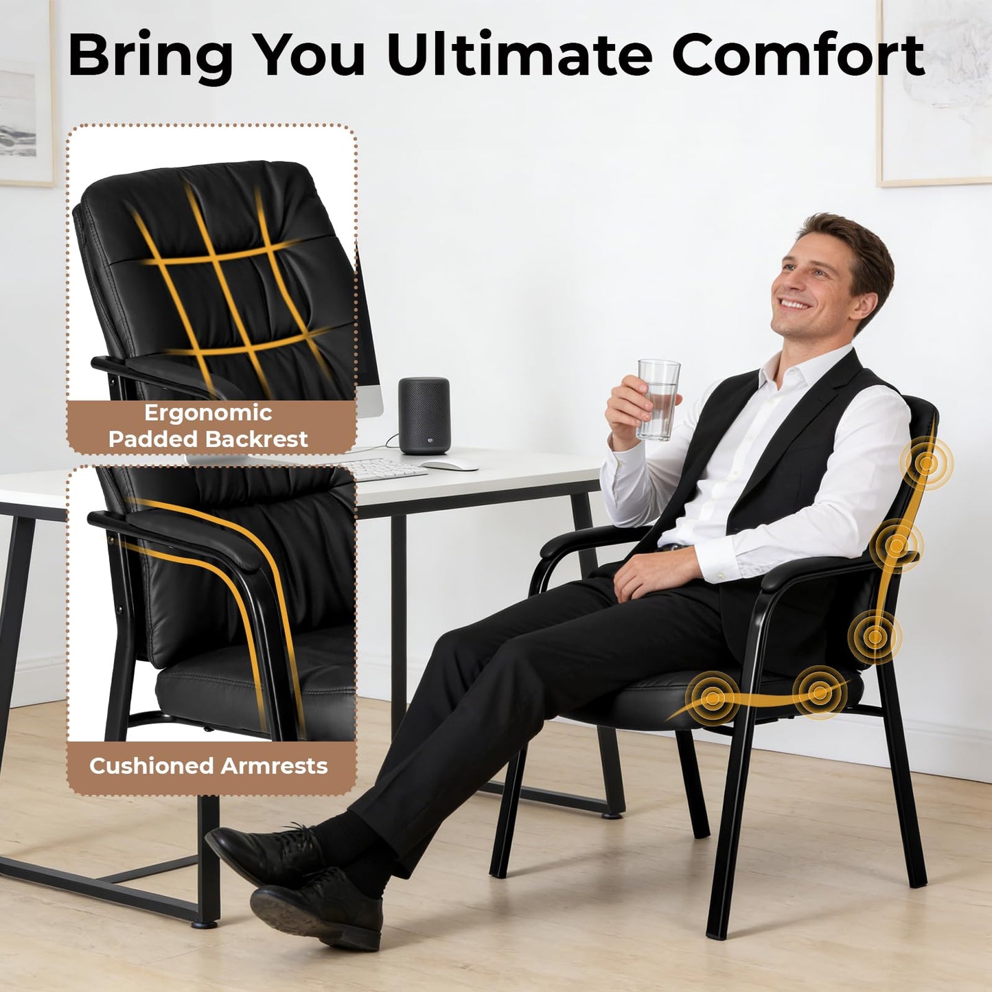 OLIXIS Office Guest Reception Chair, Ergonomic PU Leather Executive Conference Waiting Room Desk Chair with Padded Armrest, Black(1 Pcak)
