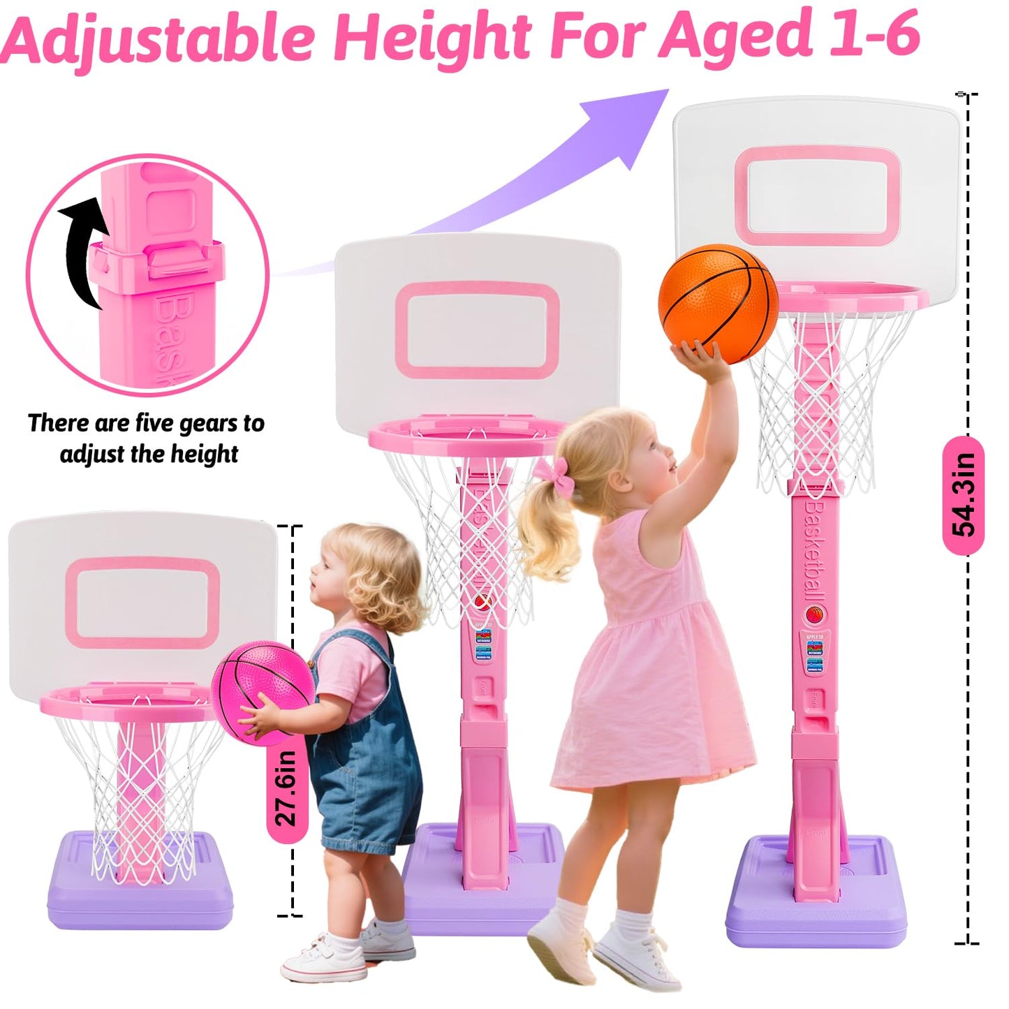 Toddler Pink Basketball Hoop for Age 1-3, Adjustable Kids Basketball Hoop with 3 Balls Indoor Outdoor Play Mini Poolside Basketball Goal Sport Toys Birthday Easter Gift for 1 2 3 4 Year Old Baby Girl