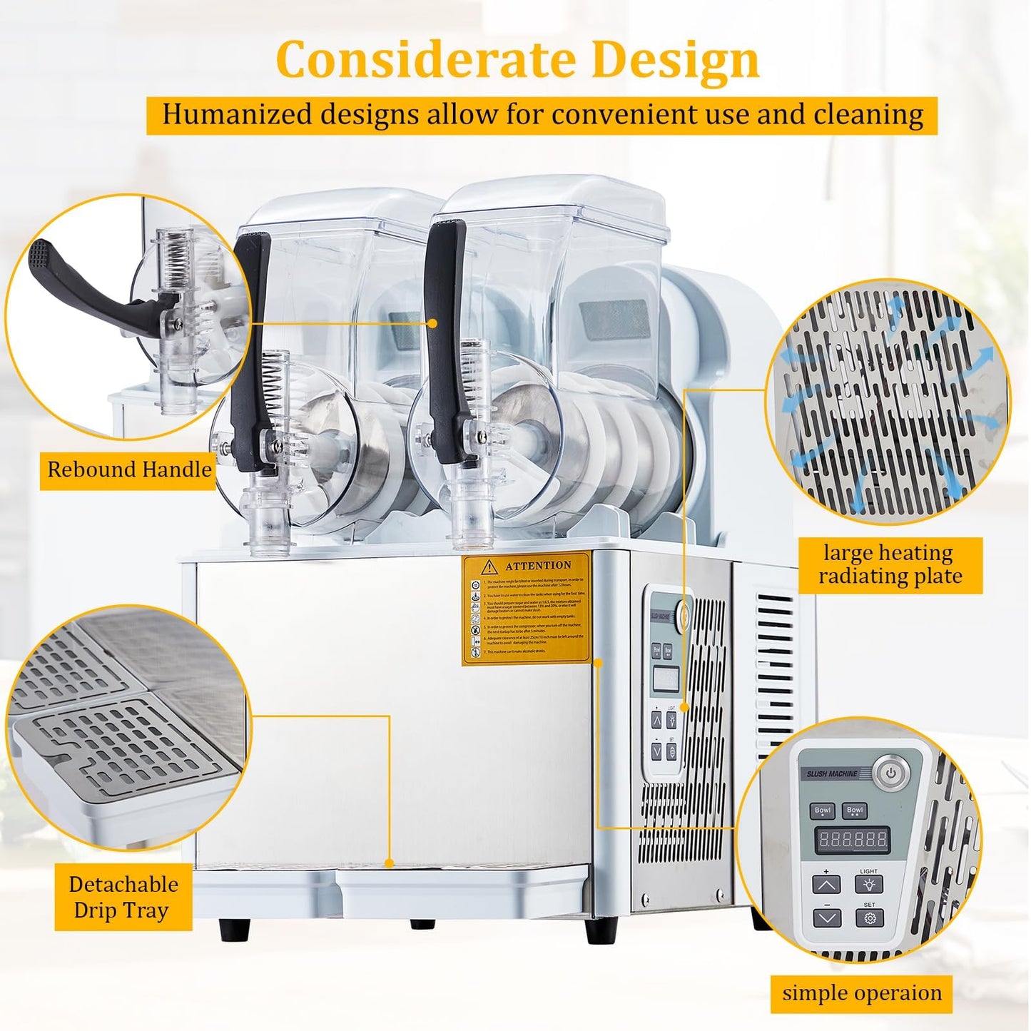 GarveeTech Commercial Slushie Machine - 4Lx2 Dual Tanks, 370W Stainless Steel, Self-Cleaning, Perfect for Frozen Drinks & Snow Melting, Ideal for Home, Coffee Shops & Restaurants White