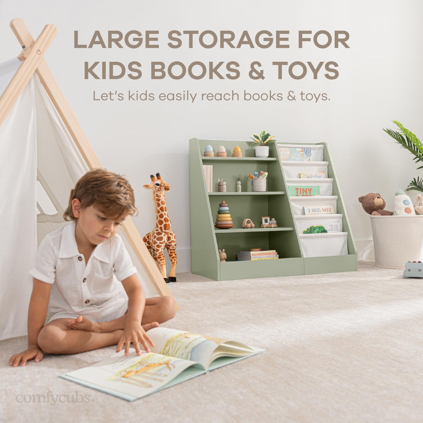 Comfy Cubs Kids Bookshelf 35.2 x 15.7 x 31.5 Inches - Sturdy MDF Montessori Book Shelf with Soft & Hard Shelves for Toys & Books - Child-Friendly, Easy Access Storage Organizer for Kids - Sage