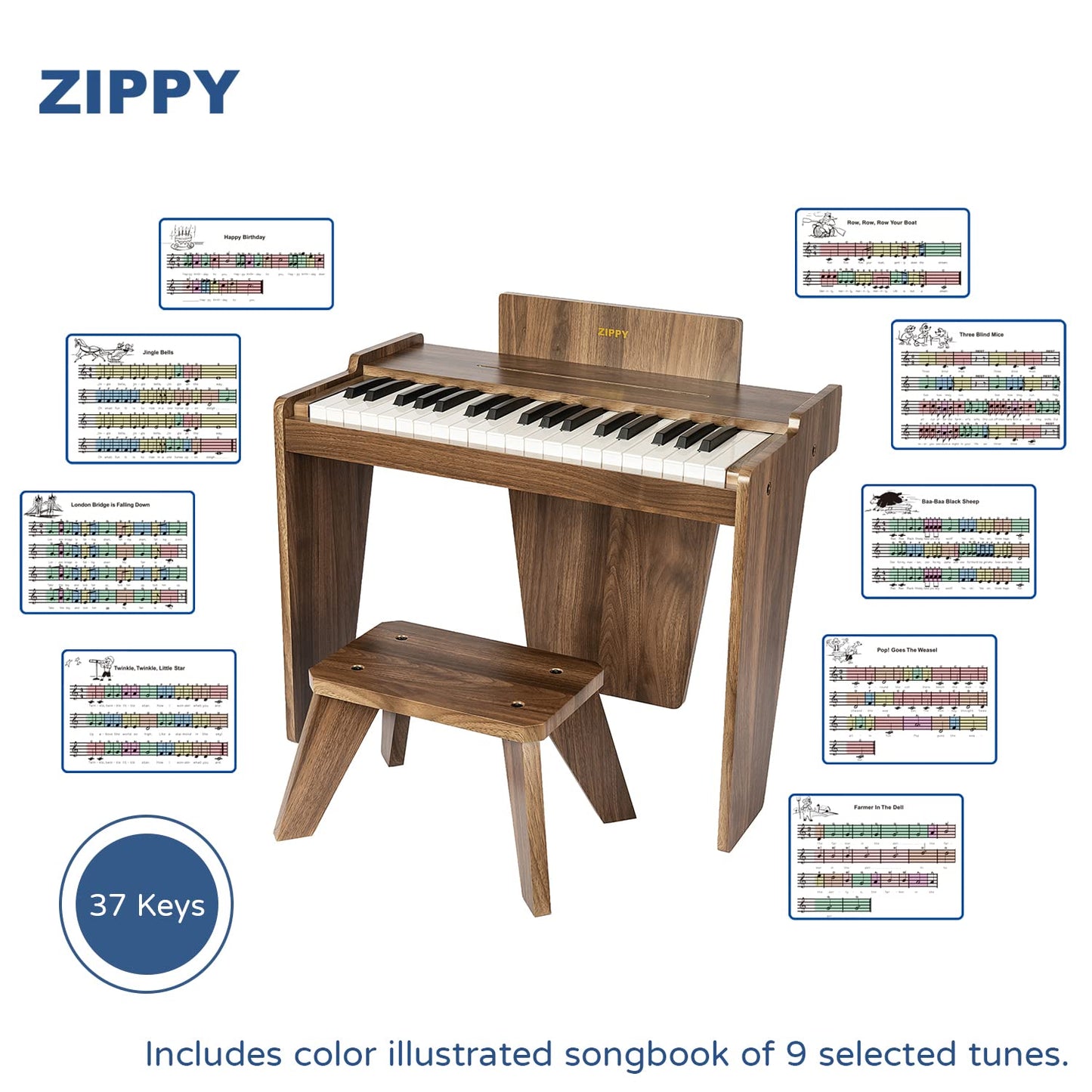 ZIPPY Kids Piano Keyboard, 37 Keys Digital Piano for Kids, Music Educational Instrument Toy, Wood Piano for 3+ Girls and Boys (Walnut Basic)
