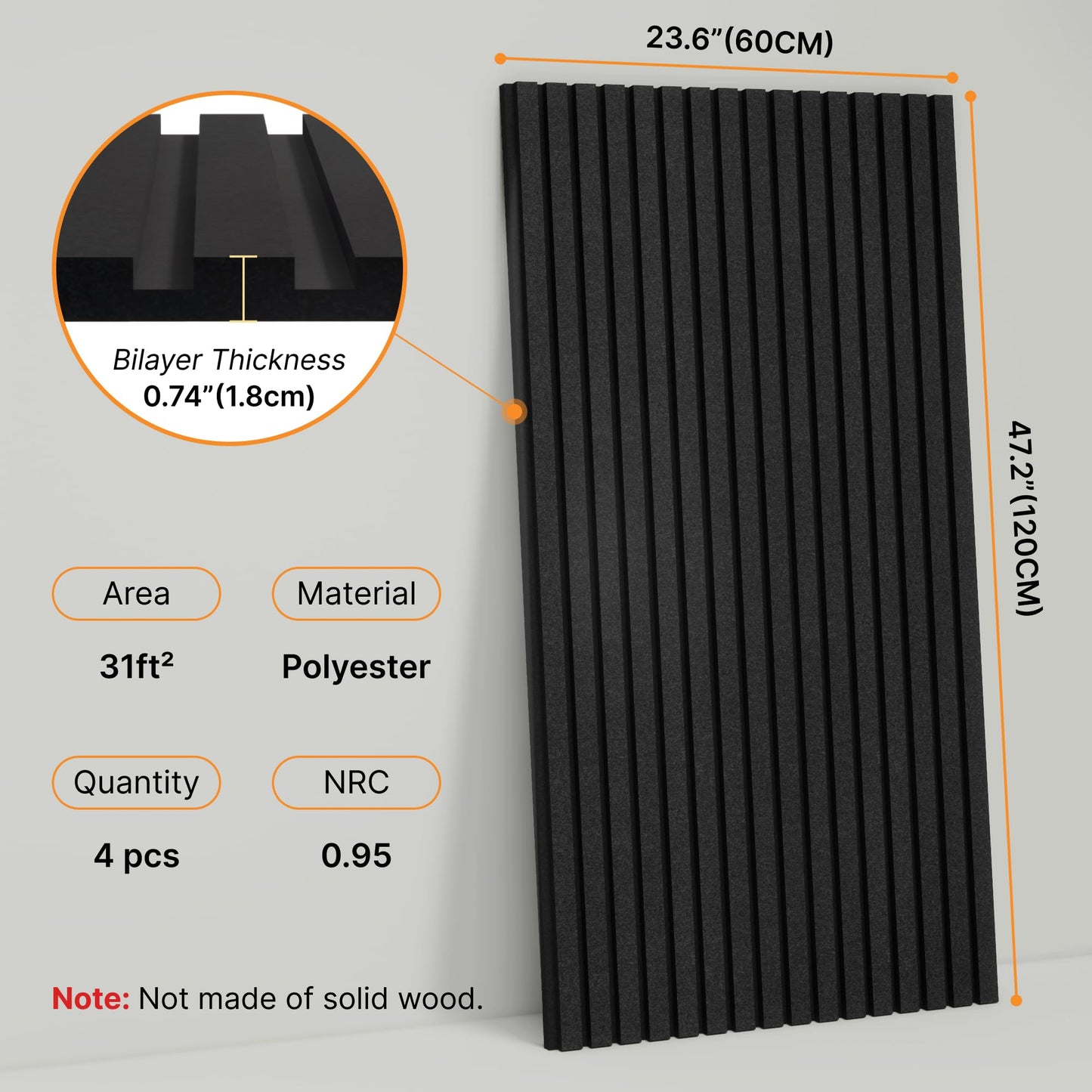 Coolfat 4-Pack Dual-layer Thickened Acoustic Wall Panels Self-adhesive, 47"x23.6"x0.72" High Density Large Soundproof Panels for Walls, Peel and Stick Panel, Interior Wall Décor, Black