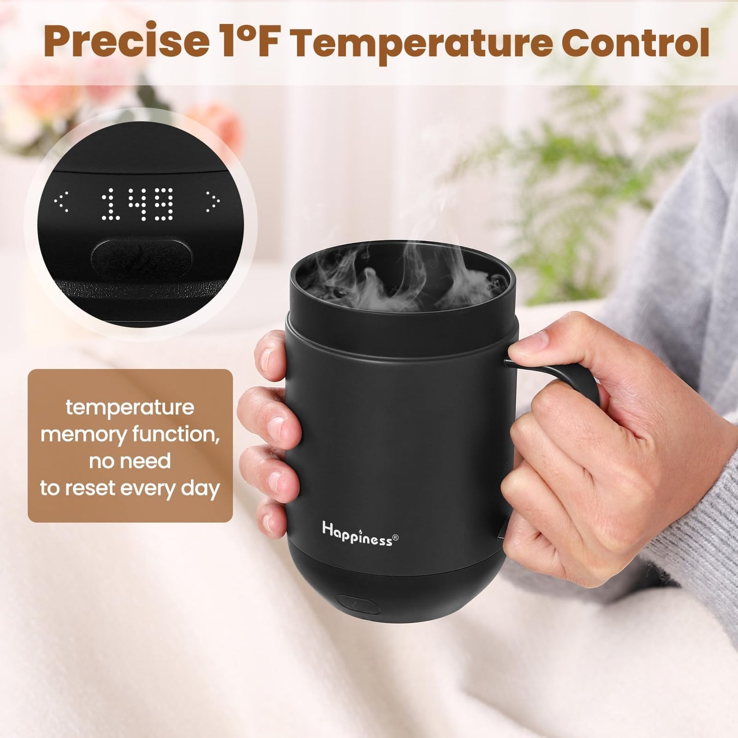 Happiness Smart Heated Coffee Mug,16oz Rechargeable Electric Self Heating Temperature Control Coffee Cup,Gifts for Mom Dad Grandma Wife