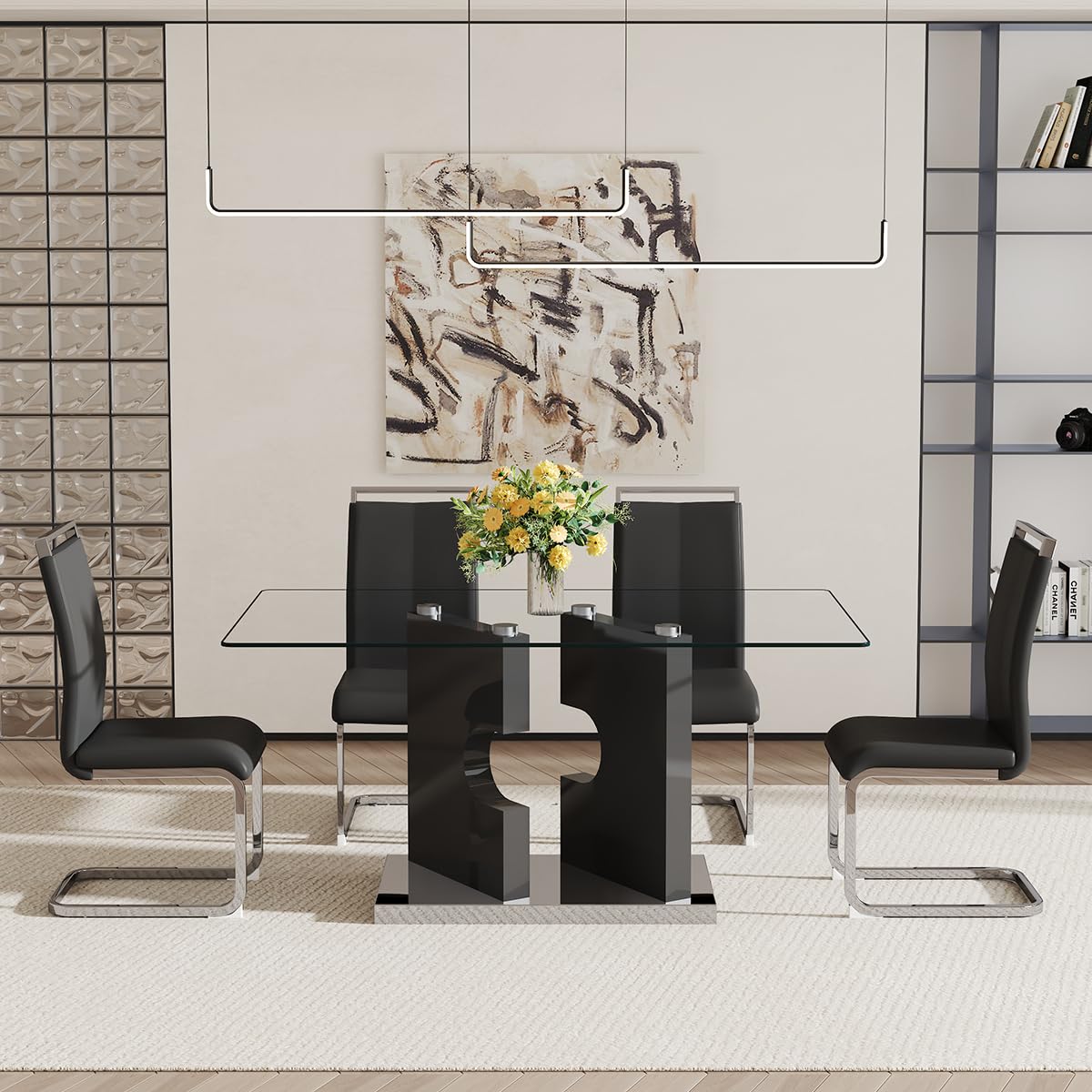 JEARGE Glass Dining Table Set for 4,Dining Room Table Set for 4 with PU Leather Chairs,Retangular Dining Tabletop with MDF Legs and Sliver Base for Dining Room (Black Chair, 1 Table + 4 Chairs)