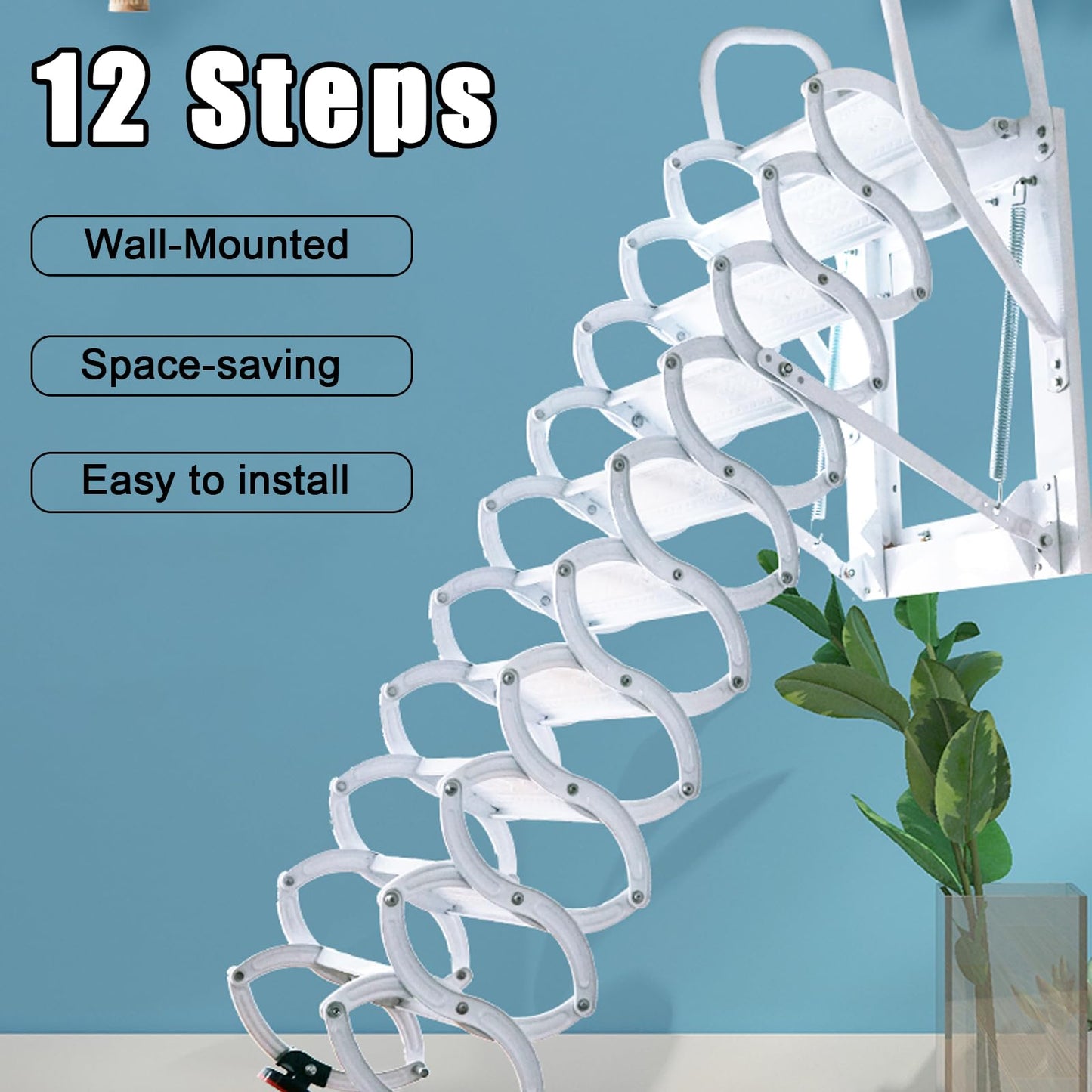 Wall-Mounted Folding Stairs for Attic, Outdoor Attic Ladder Pull Down System, Retractable Loft Ladder with Armrests Handle, 12 Pedal Steps Extension Staircase Up to 600lbs (White, 12 Steps)