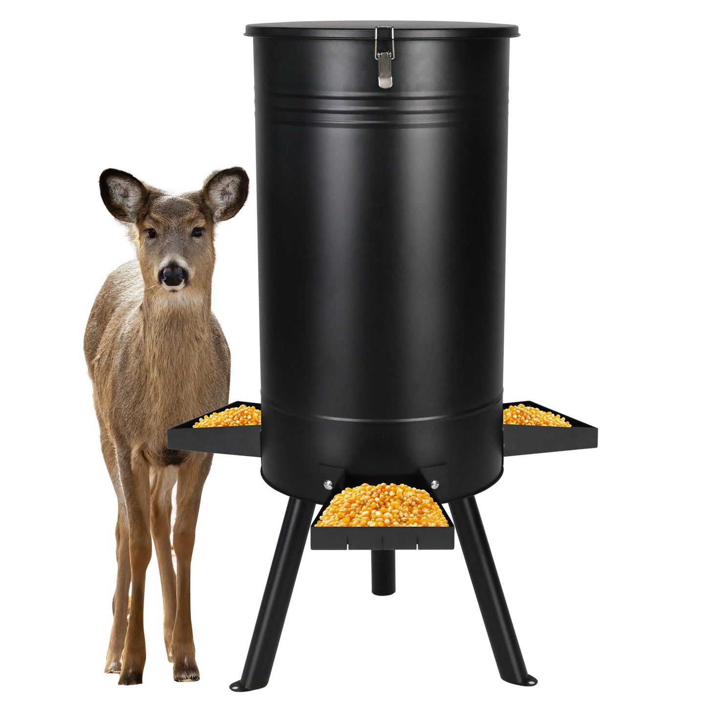 Solution4Patio 50-75 LB Large Metal Hunting Game Feeder, Heavy Duty Free Standing Deer Feeder, Portable Gravity Deer Feeder Automatic Dispenser, Weather-Proof (Black)