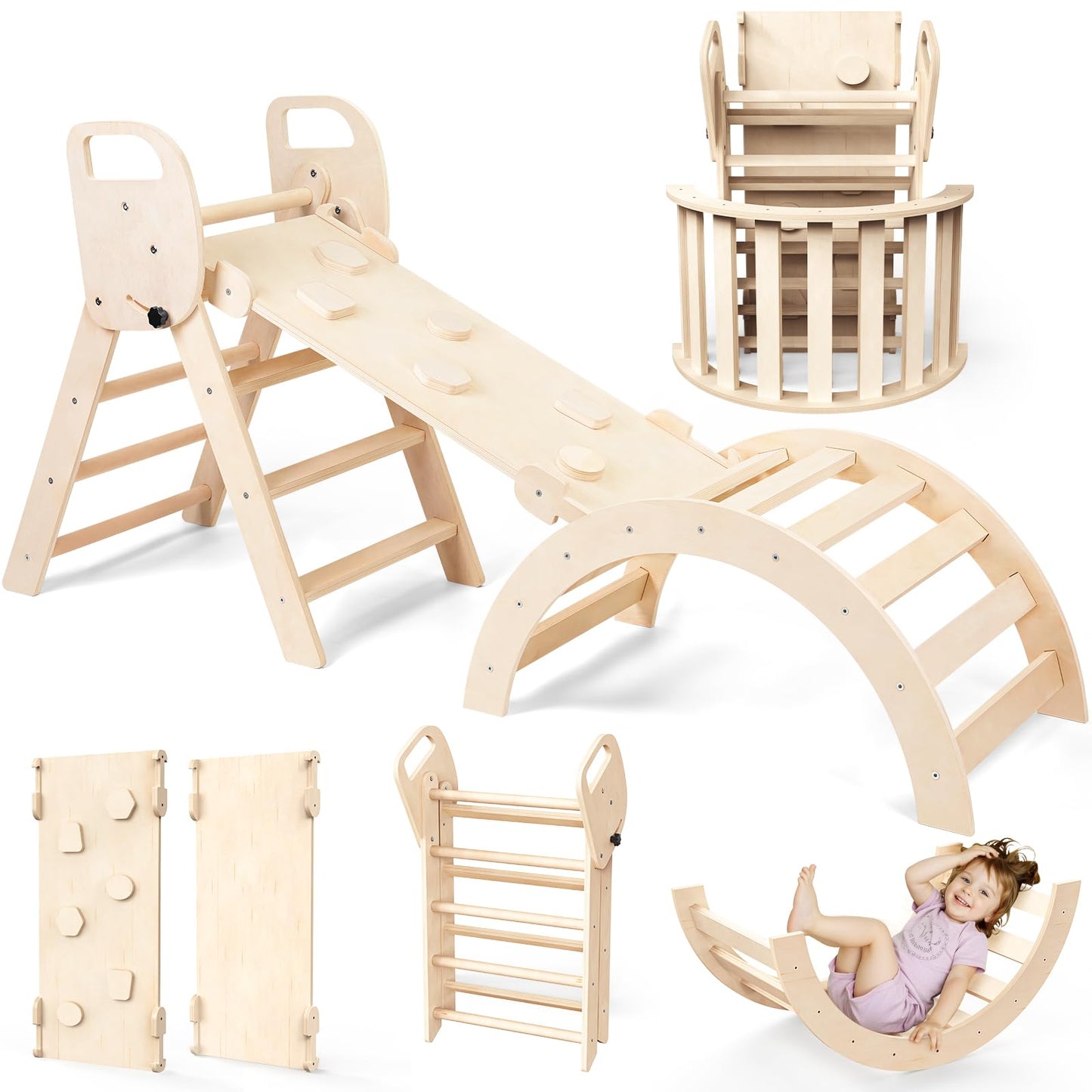 Norbee Pikler Triangle Set Foldable Wooden Toddler Climbing Toys Indoor, Playground Jungle Gym for Kids, Montessori Climbing Set for Toddlers