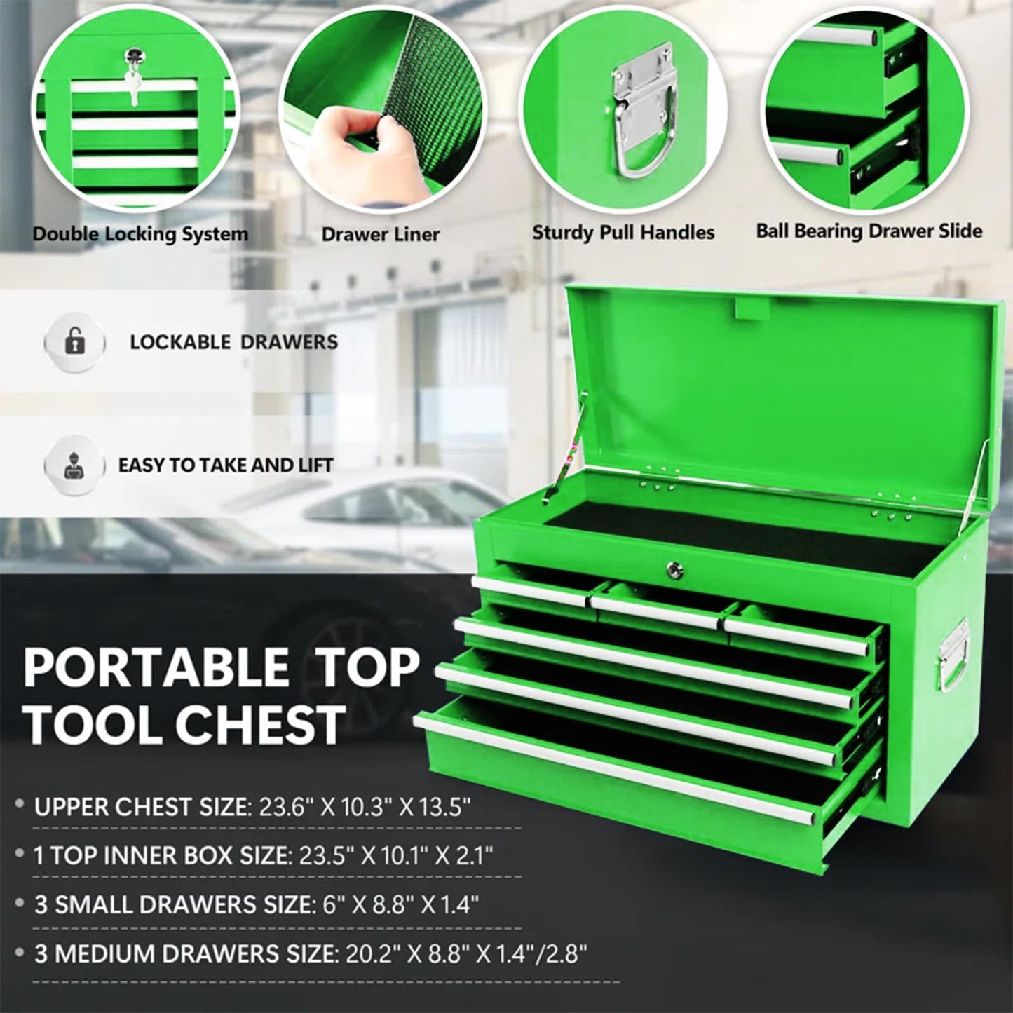 Dawmilon Tool Chest, 8-Drawer Rolling Tool Storage Cabinet with Wheels, Detachable Top Tool Box, and Locking Mechanism, Metal Tool Cart with Liner and 6 Hooks for Garage, Workshop, Green