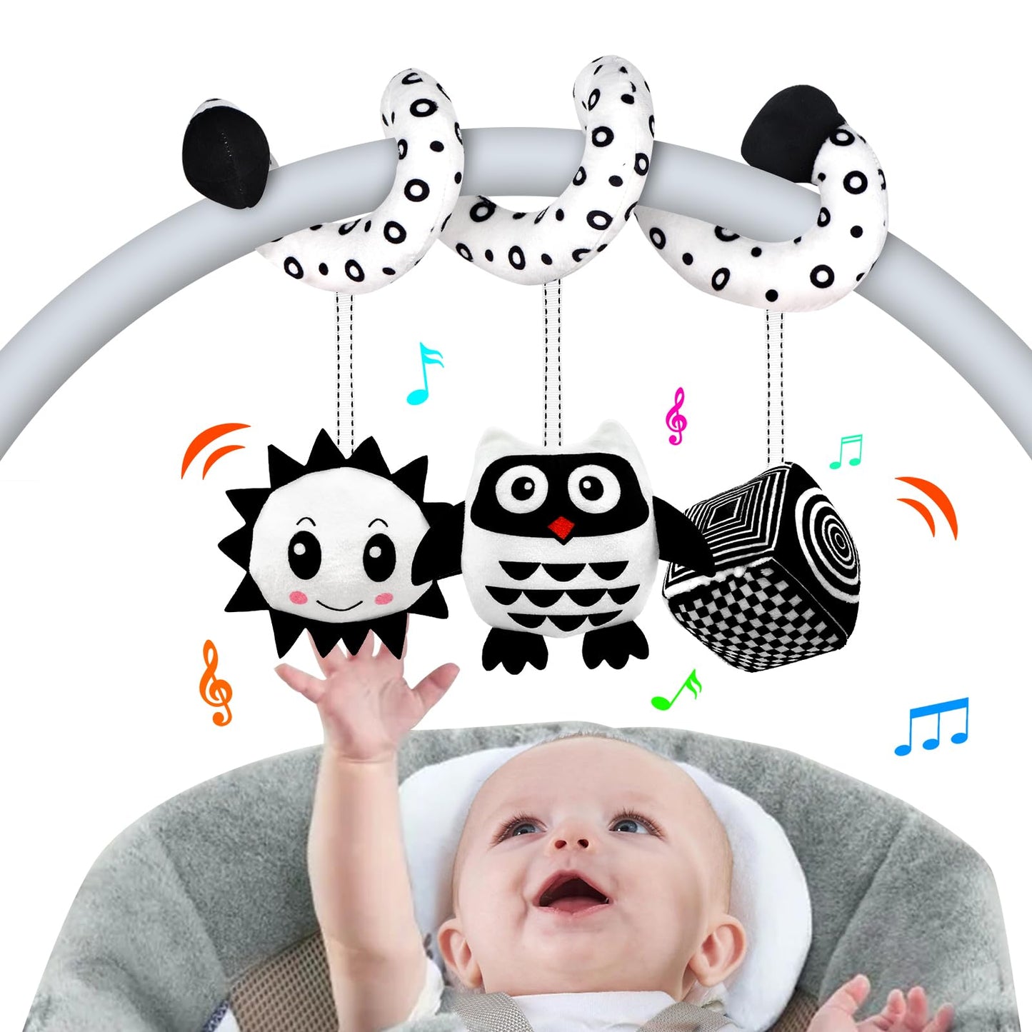 SAMMAS Baby Spiral Hanging Stroller and Car Seat Toys for Babies 0-6 Months Newborn Plush Activity Toys for Bed Bassinet Crib Baby Carrier Gifts (owl)