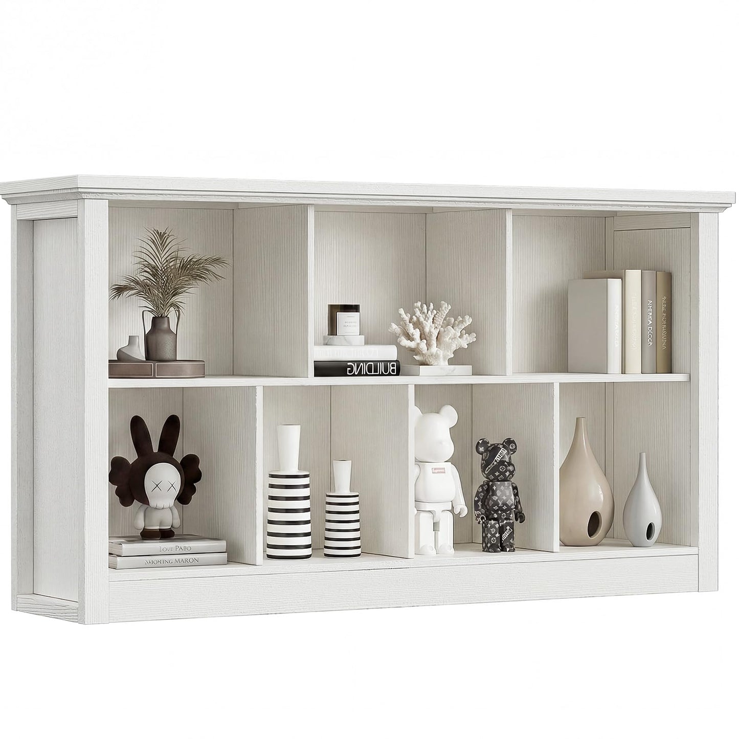 Unikito 7 Cube Storage Book Shelf - 50" Wide Wood Cube Storage Organizer, Wooden 2 Tiers Floor Standing Low Bookcase for Living Room, Bedroom, Home Office, Kids Room