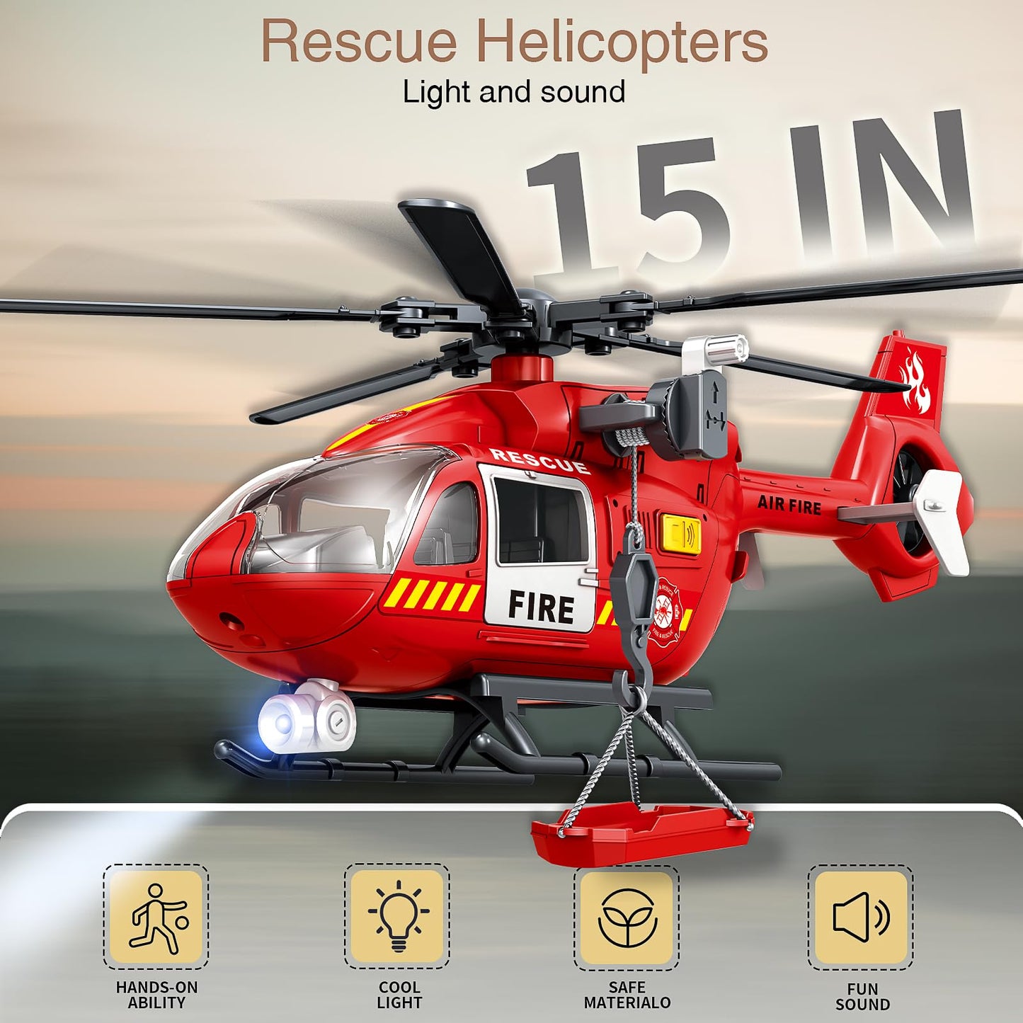 XUEXUE Large Helicopter Toy 15 Inch, Kids Helicopter with Rescue Crane & Hanging Tray, Toy Helicopter with Lights and Sounds, Helicopter Toys for Kids 3-5, Birthday Gift for Boys Age 3-7