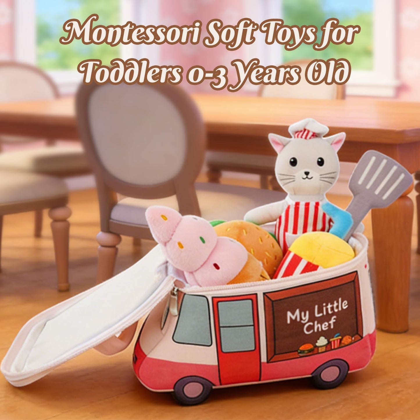 Cooking Play Set for Toddlers Cat Baby Toys 6-12 Months Interactive Stuffed Animal Plush Kitchen Pretend Toys for Girls Boys Gift Stuffed Teething Toy Infants Crinkle Sensory Toy Montessori(Kitten)