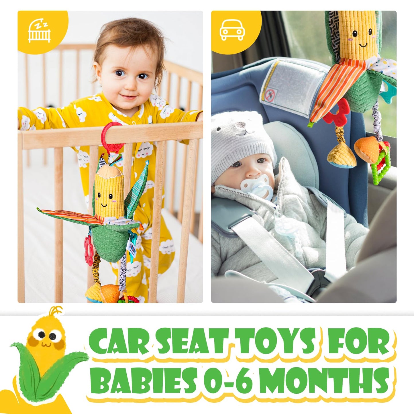 PHEZAPA Hanging Rattles Crib & Car Seat Toys for Babies 0-12 Months with Crinkle, Squeaky & Teether, Sensory Corn Soft Stuff Stroller Toys for Newborns, Boys Girls Gifts