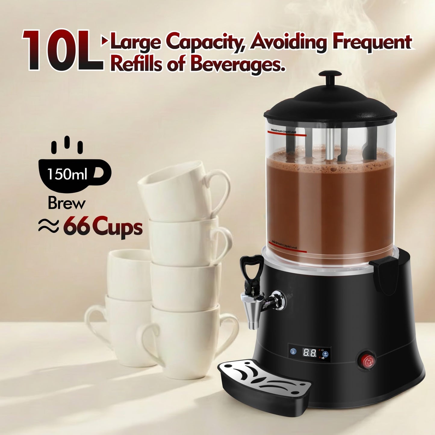 Commercial Hot Chocolate Machine - 10L/2.6Gal Hot Chocolate Maker, Electric Hot Drink Dispenser, 86-194°F Temperature Control Hot Beverage Maker for Cocoa, Milk, Coffee, Juice - Black