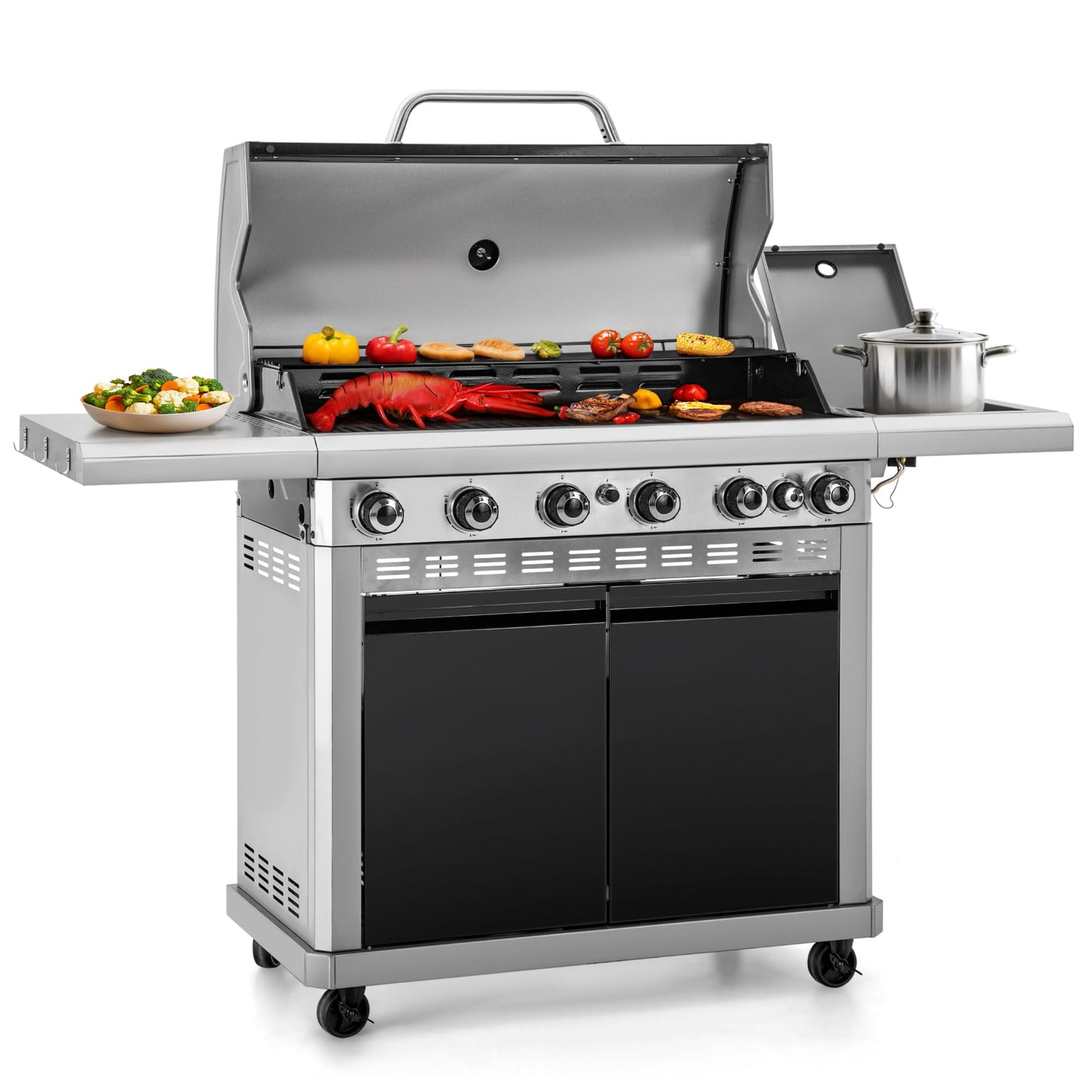 Captiva Designs 6-Burner Propane Gas BBQ Grill with Side Burner & Porcelain-Enameled Cast Iron Grate and Plate for Outdoor Barbucue Events, 52,000 BTU Output,740 SQ.IN. Cooking Area，Heavy Duty