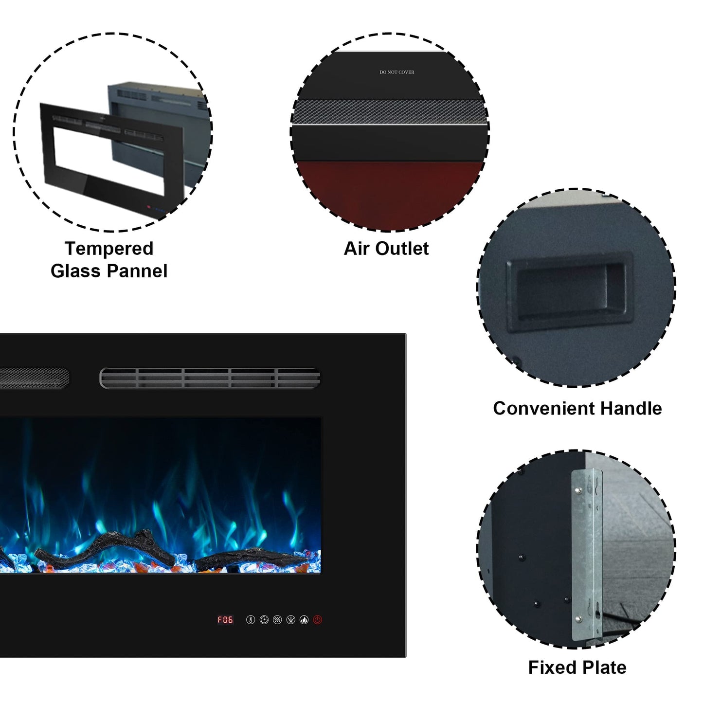 Oxhark Flame 72inch Electric Fireplace in Wall Recessed and Wall Mounted Fireplace Electric, 13 Flame Colors, Realistic Logs & Crystals Fuel Bed, Adjustable Temperature and Timer, 750W/1500W, Black