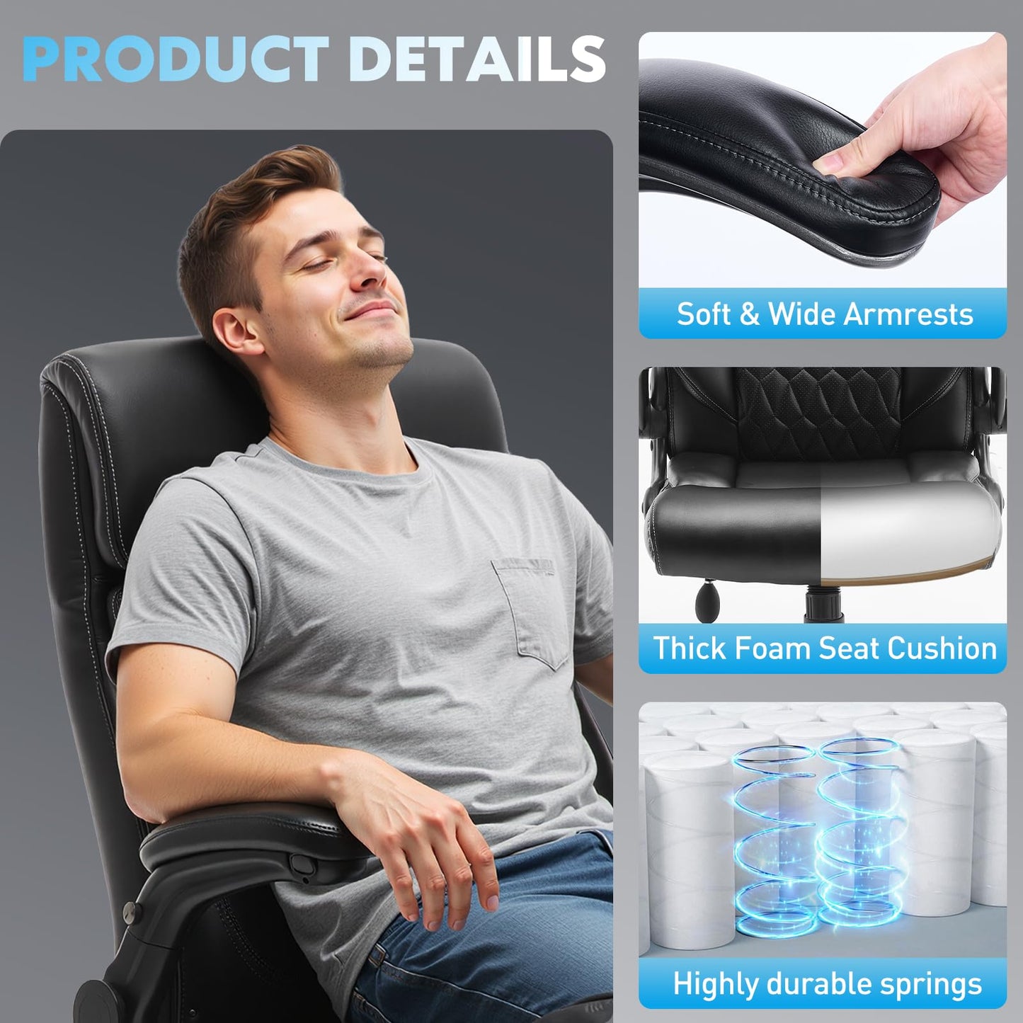 MALOL Heavy Duty High-Back Office Chair, Ergonomic Home Computer Chair with Lumbar Support & Tilt Lock, Big and Tall Executive Office Chairs for Work, Black