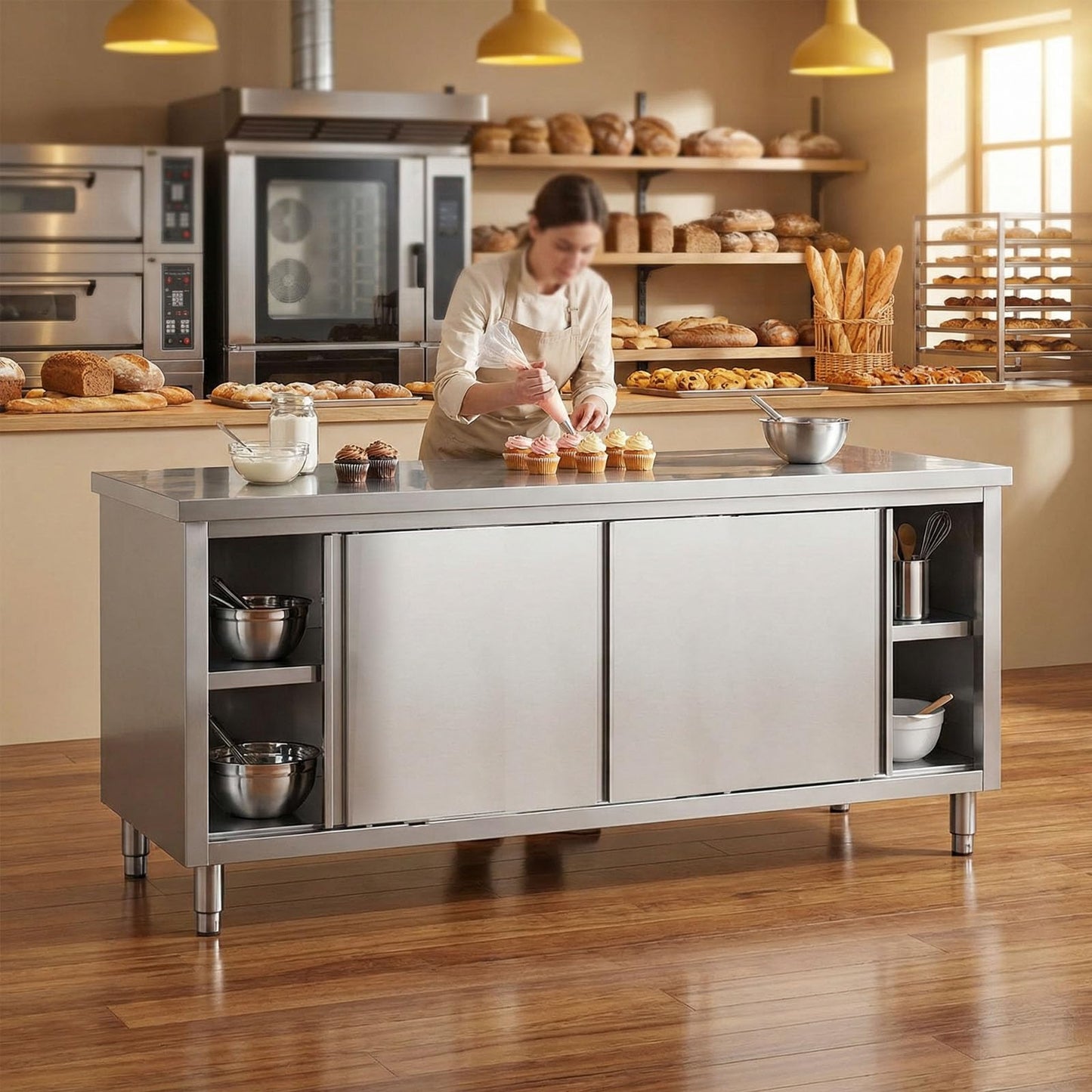 YTALUTTNIE Stainless Steel Work Table with Cabinet, Commercial Kitchen Large Space Storage Prep Table, Heavy Duty Stainless Steel worktable with Shelves for Kitchen Outdoor (no shelf, 100*50*80cm)